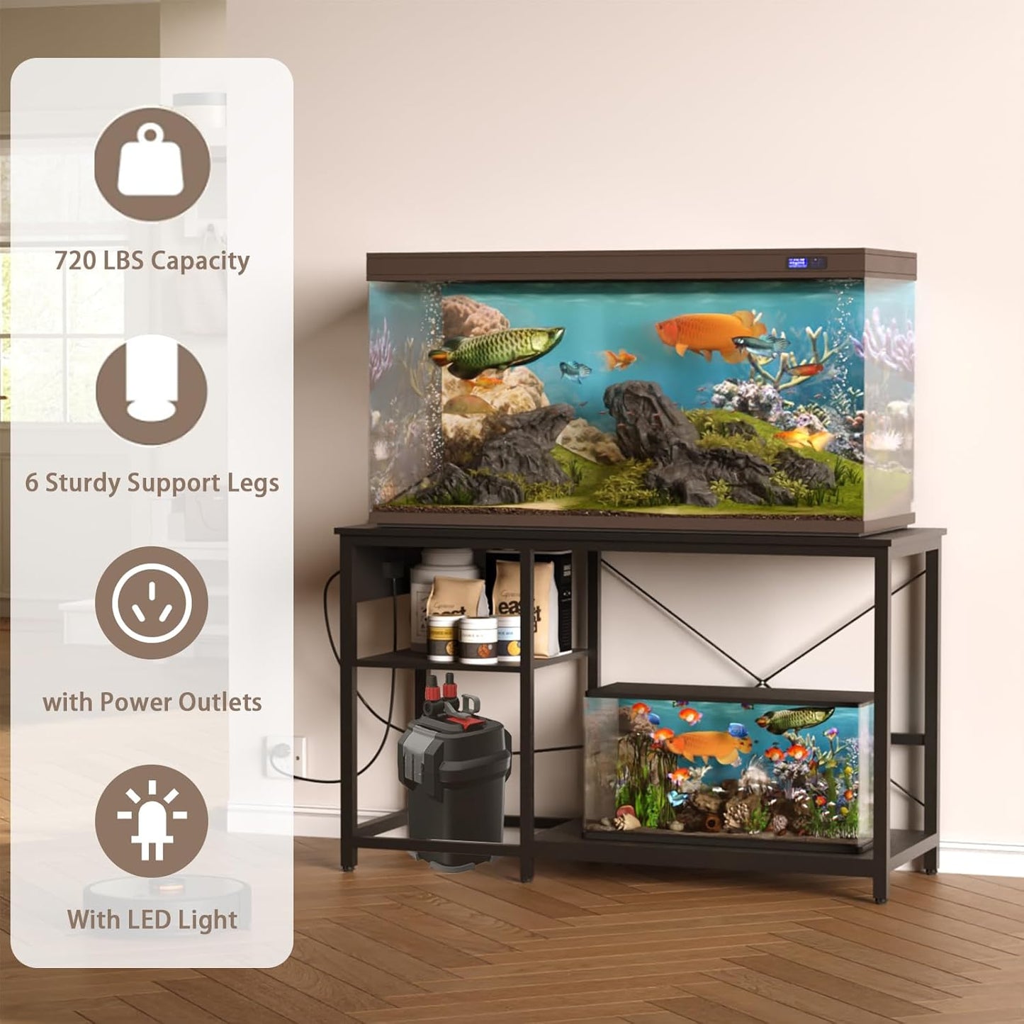 50-75 Gallon Fish Tank Stand with Power Outlet & LED Light, Metal Aquarium Stand with 3 Tier Adjustable Storage Shelves, Tank Stand for Reptile Tank, Turtle Tank, 52" L*19.5" W, Black