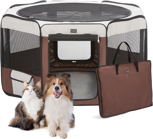 DONORO Dog Playpen 46" Portable Pet Play Pens for Small Medium Dogs, Foldable Exercise Kennel Tent Crate Indoor/Outdoor Travel Camping, Removable Top/Bottom (Brown, Large (46"x46"x23"), 8)