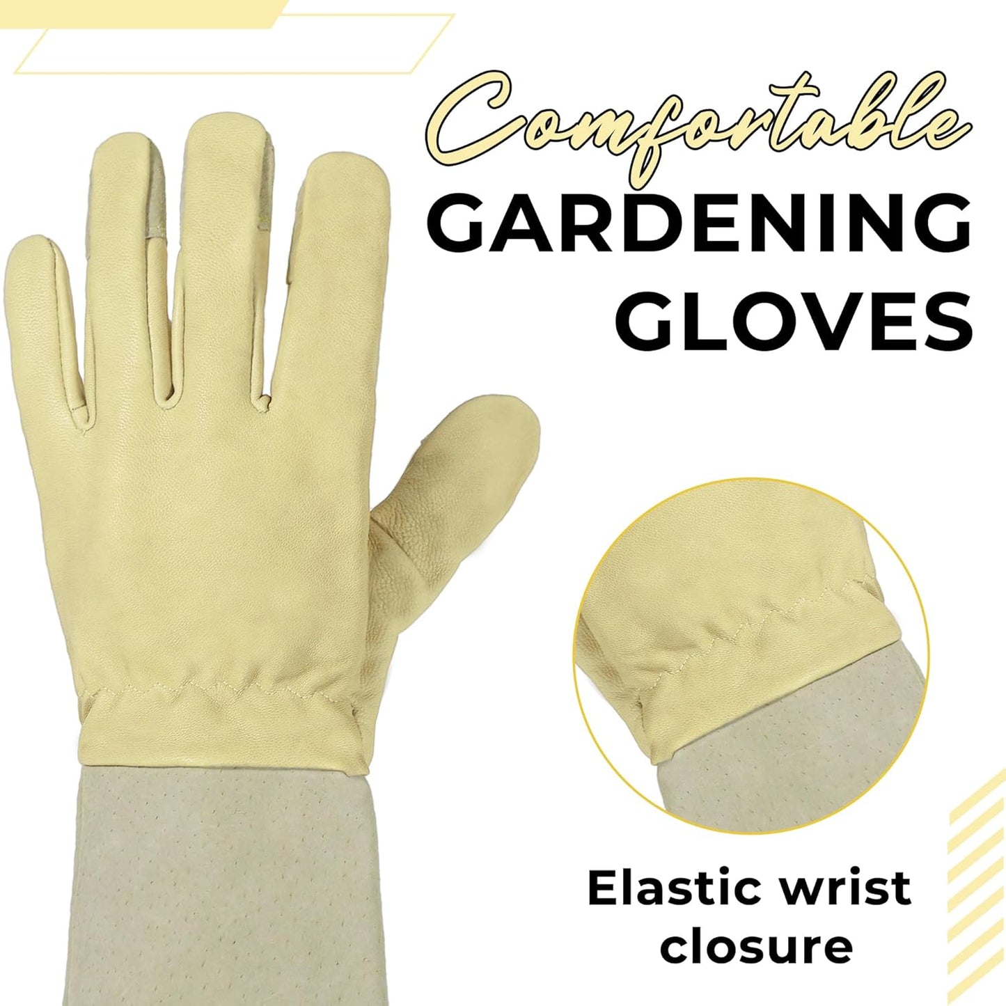 HANDLANDY Rose Pruning Gardening Gloves for Men Women, Thorn Proof Forearm Protection Leather Garden Gloves, Gardening Gifts for Gardeners (Beige- goatskin, Small (Pack of 1))