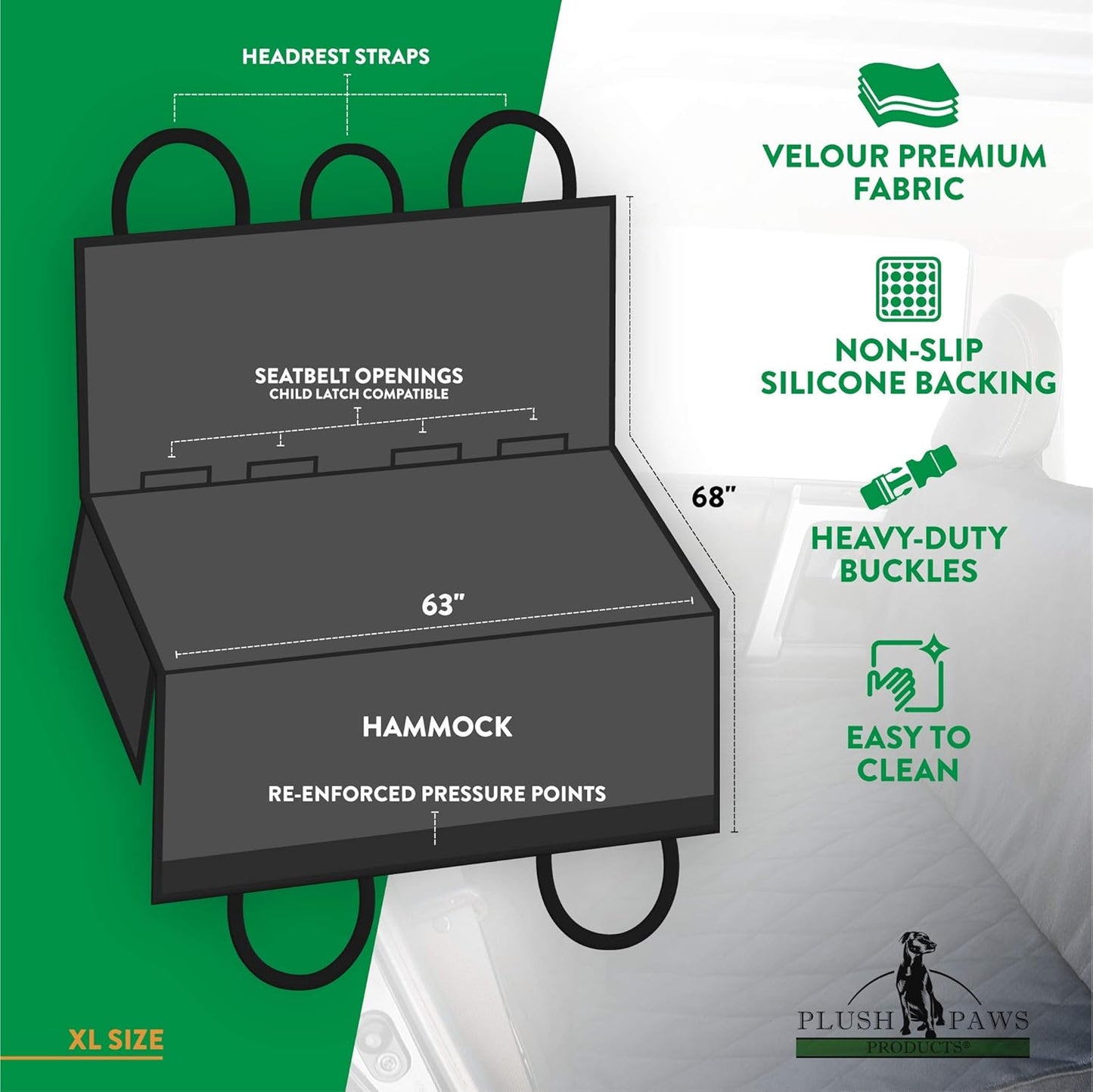 Plush Paws Products Velvet Rear Car Seat Protector w/Hammock | Washable & Waterproof Back Seat Dog Cover for Car, Truck, & SUV | Nonslip, Tear Resistant Pet Seat Cover | X-Large Desert Sand