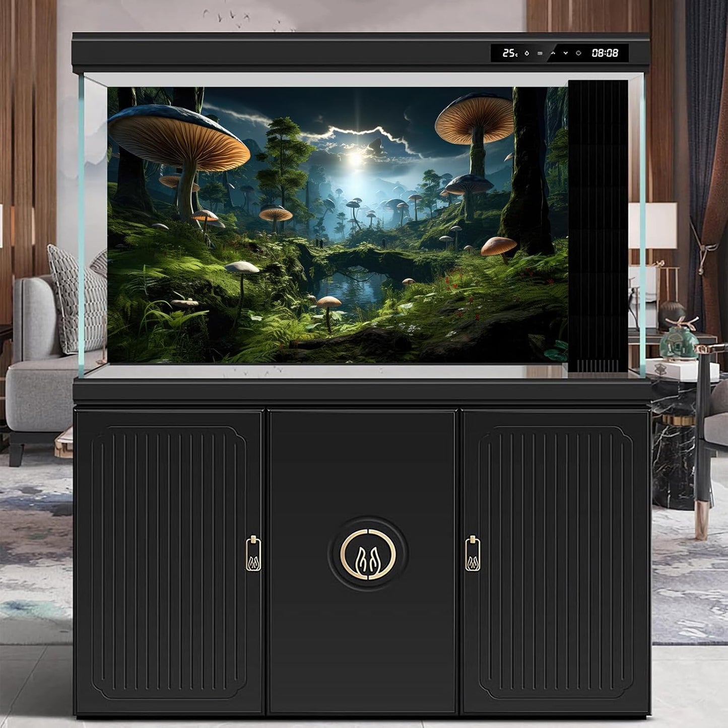 Fantasy Mushrooms Landscape Aquarium Background Tranquil Stream Cloudy Sky Terrarium Background Lush Green Tropical Plants Trees Fish Tank Backdrop Decoration Tank Background Poster 24x12in