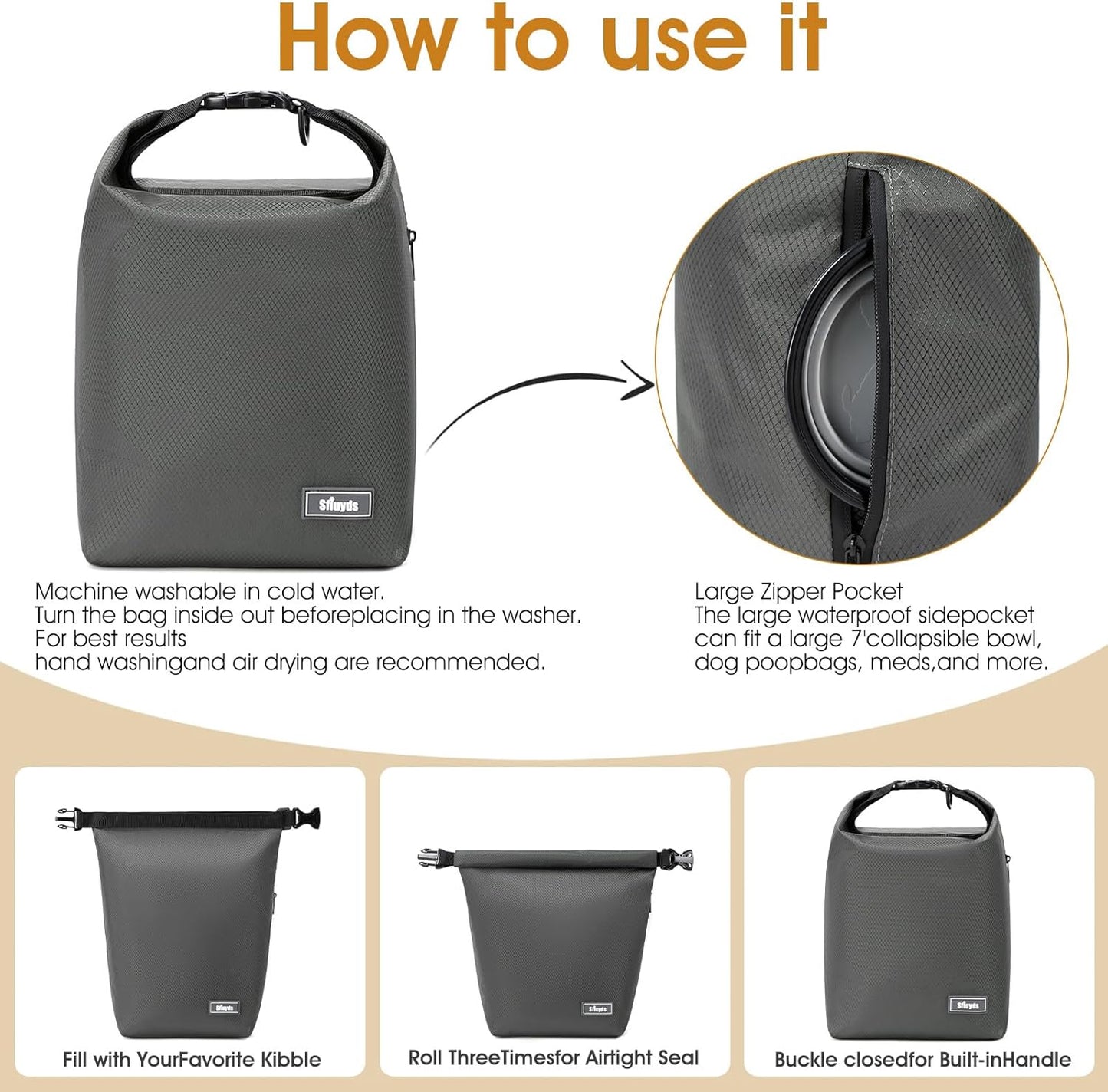 Waterproof Pet Food Storage Bag,Dog Food Container 12 lb w/2PCS Collapsible Dog Travel Bowls and Zipper Side Pocket(Gray, Small)