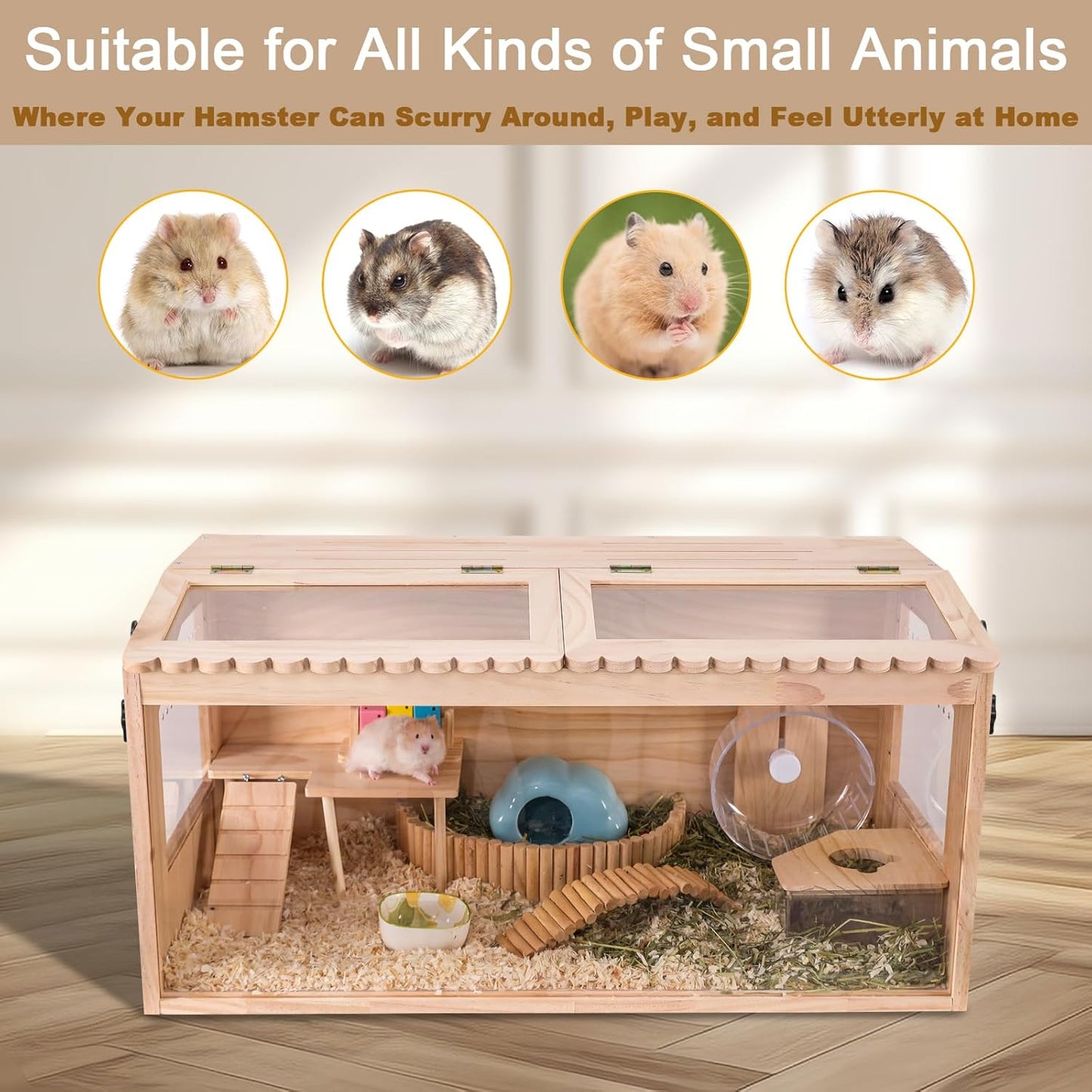 Wooden Hamster Cage, 32"x16"Guinea Pig Cage, Small Animal Cage for Dwarf Syrian Hamsters Degus Mice & Other Small Pets. Large Hamster cage with with 2 Adjustable skylights.