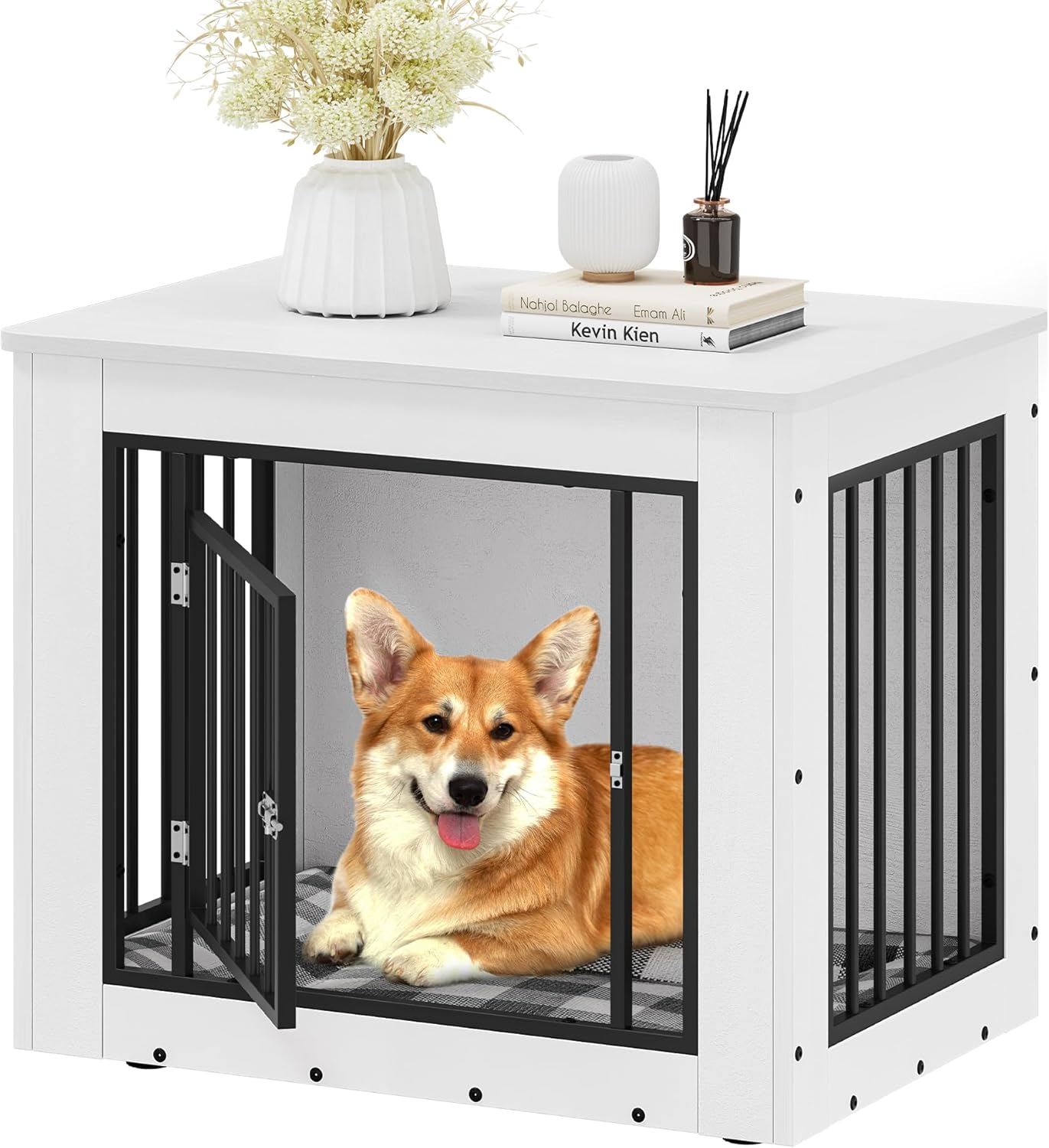 YITAHOME 30.1" L Dog Crate Furniture for Medium Dogs, 2-in-1 Iron-Wood Fusion Dog cage Indoor up to 35 lb, Side End Table, Modern Dogs Kennel with Waterproof Top, Safety Corners,Steel Lock,White