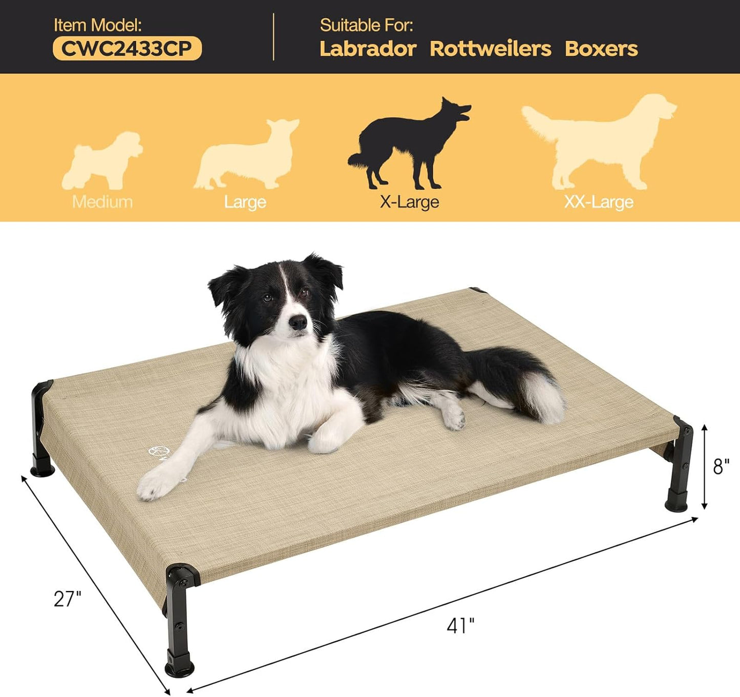 Veehoo Cooling Outdoor Dog Bed, Heavy Duty Elevated Pet Bed with Washable & Breathable Teslin Mesh, Non-Slip Silicon Feet, Dog Cot Bed with Support Hem, 41" x 27", Beige Coffee, CWC2433