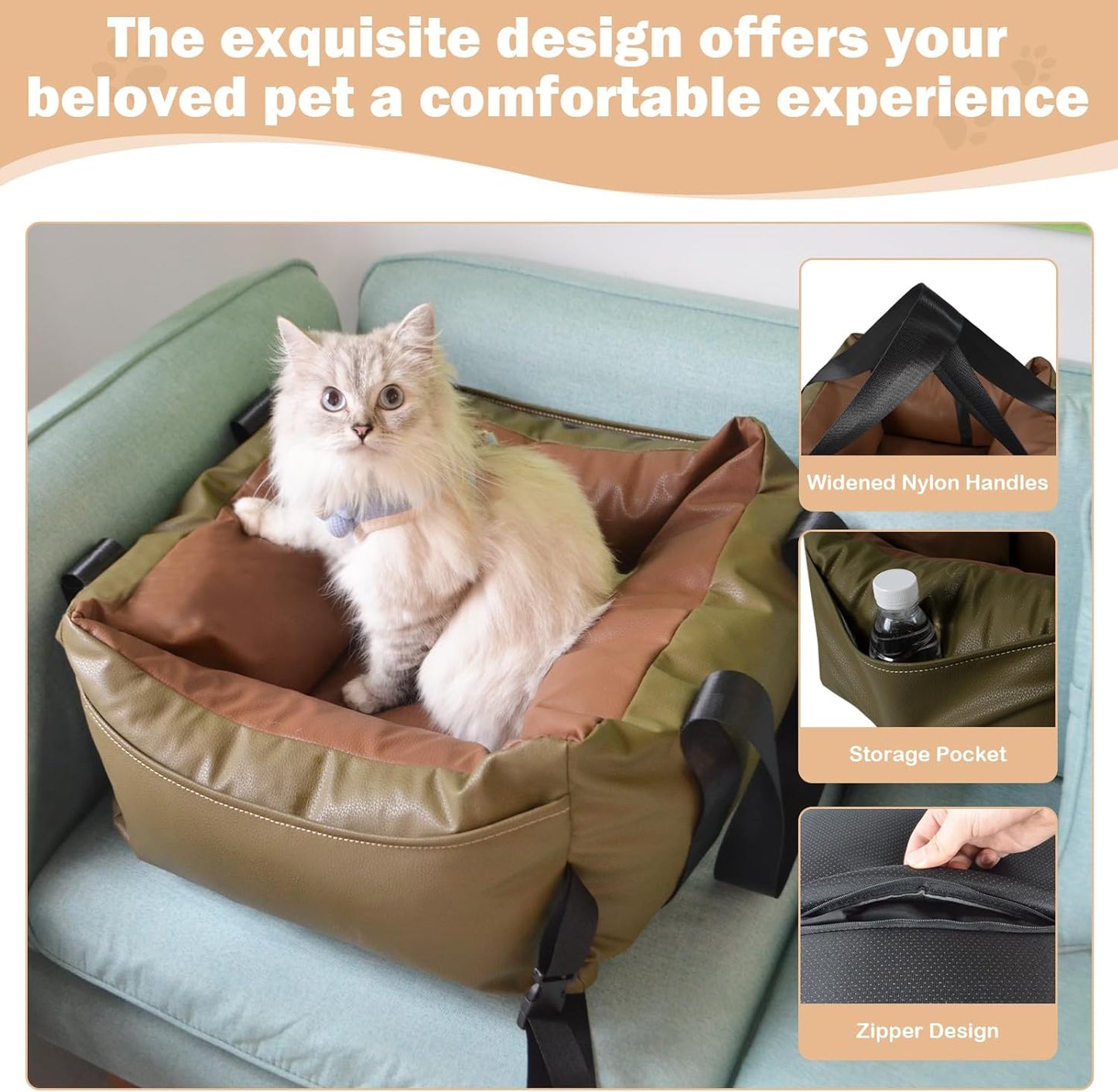 Dog Car Seat for Small Dogs, Large Leather Dog Car Bed with Storage Pocket, Waterproof PVC Leather Booster Seat Travel Bed for Front & Back Seat, Clip-On Safety Leash (Green/Brown)