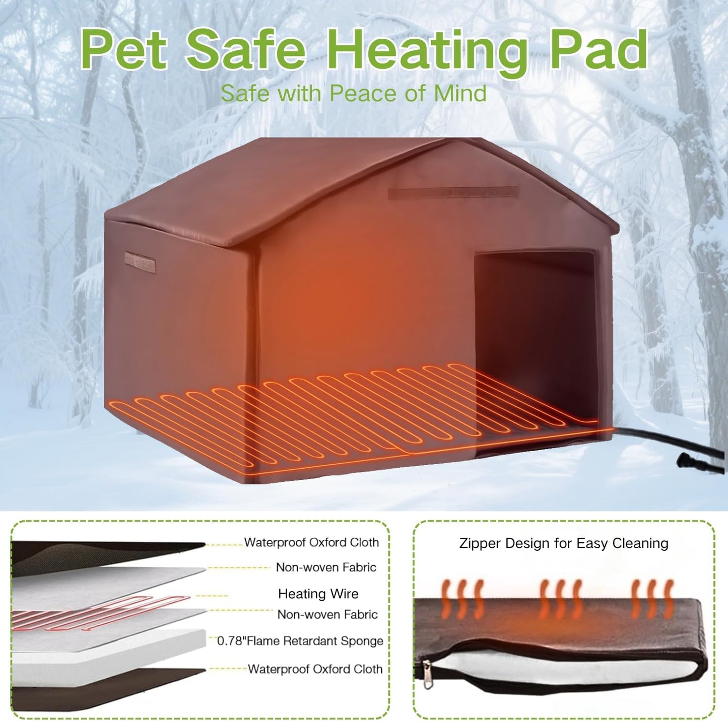Heated Dog House Outdoor with Bowls Weatherproof Dog Kennel with Heating Pad Anti-Chewing Iron Frame Dog Shelter for Small Medium Dogs(Wooden Brown)
