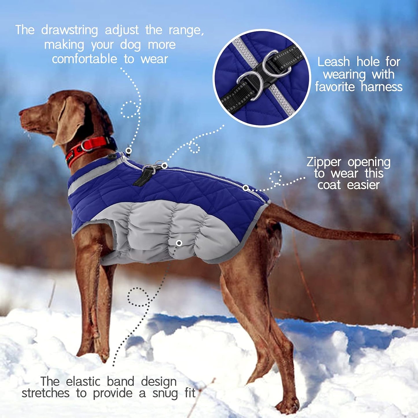 FUAMEY Dog Coat for Medium Dogs,Waterproof Dog Winter Jacket with Harness Built in Puppy Cold Weather Coats Reflective Pet Vest with Zipper Warm Fleece Dogs Snowsuit Windproof Blue M