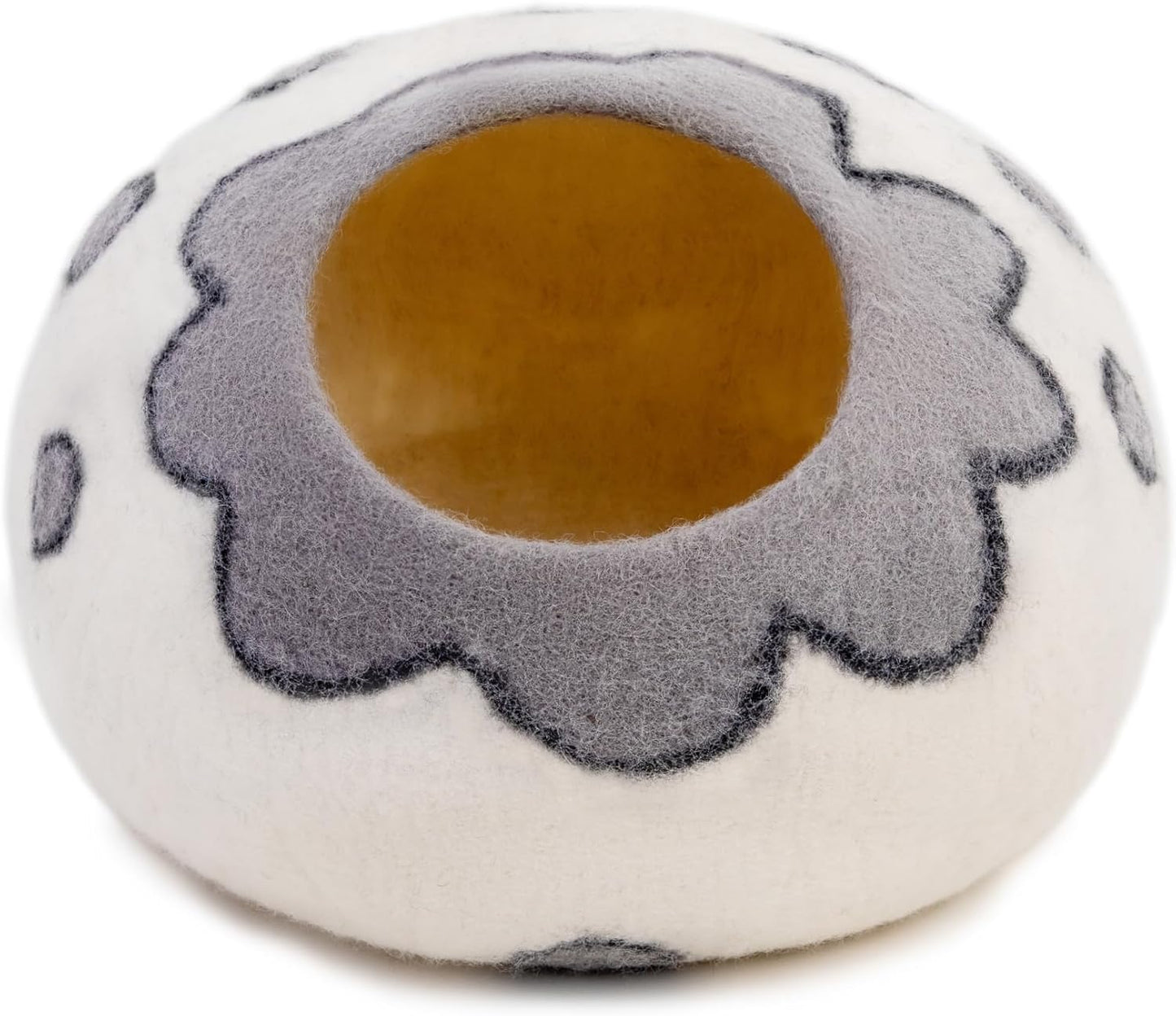 Woolygon Premium Felt Cat Cave Bed – Wool Kitty Beds Handcrafted Kitten Caves Bed for Indoor Cats - Made from 100% Eco-Friendly Merino Wool, Foldable Cat Hidewawy Covered Cat House Pod (Flower Collar)