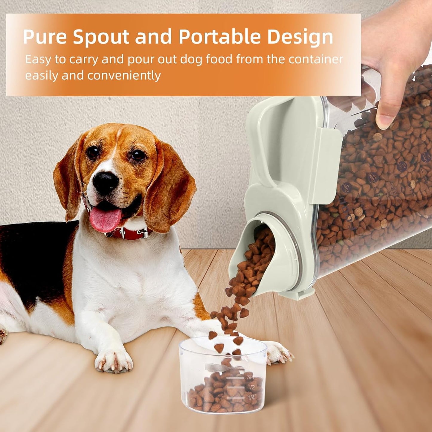Dog Food Storage Container, Upgraded Large Nozzle BPA-free, 8-12 LBS Plastic Pet Food Storage Containers, With 4 Sealed Clasps, 1 Measuring Cup and Handle (1, A-Beige, 3L)