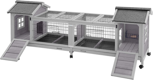 Aivituvin Rabbit Hutch Bunny Cage with Double House and Run Indoor Outdoor Guinea Pig House with Deeper No Leak Trays and Wheels