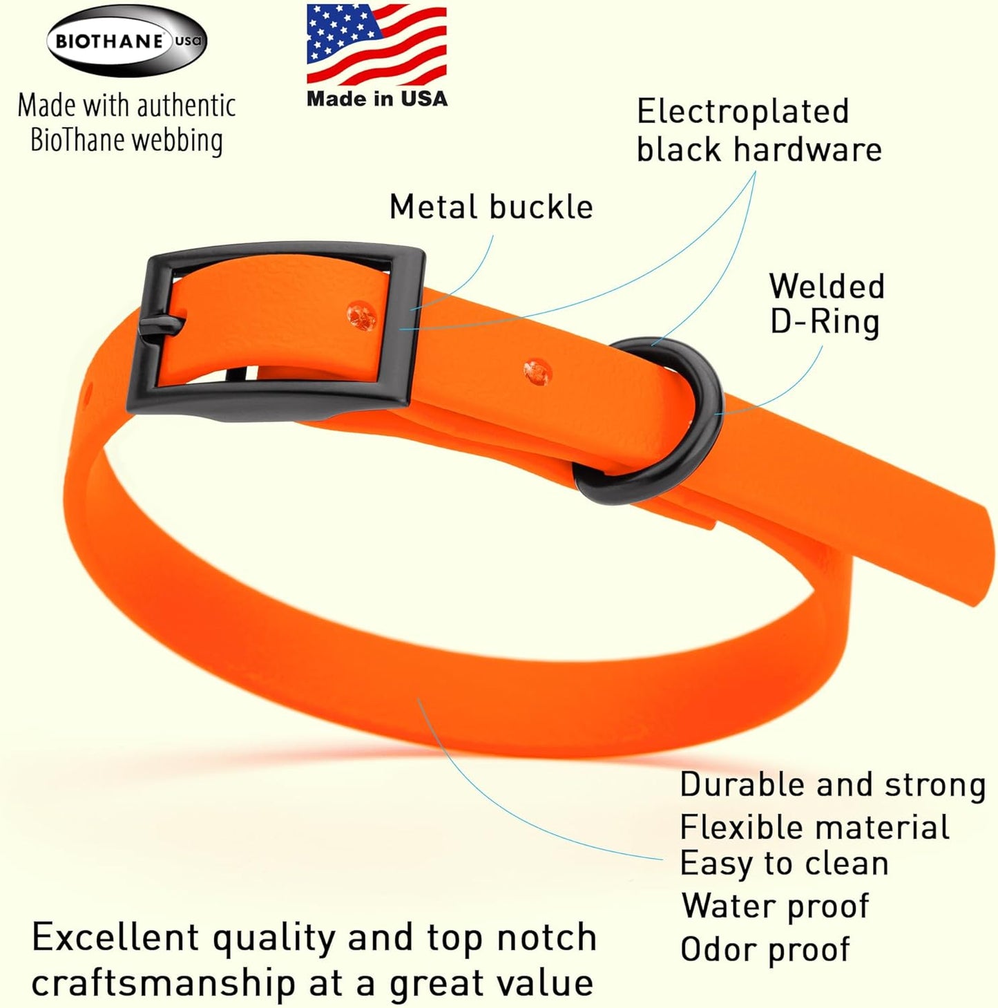 Dogline Biothane Waterproof Dog Collar Strong Coated Nylon Webbing with Black Hardware Odor- Proof for Easy Care Easy to Clean High Performance Fits Small Medium or Large Dogs, Hunter Orange