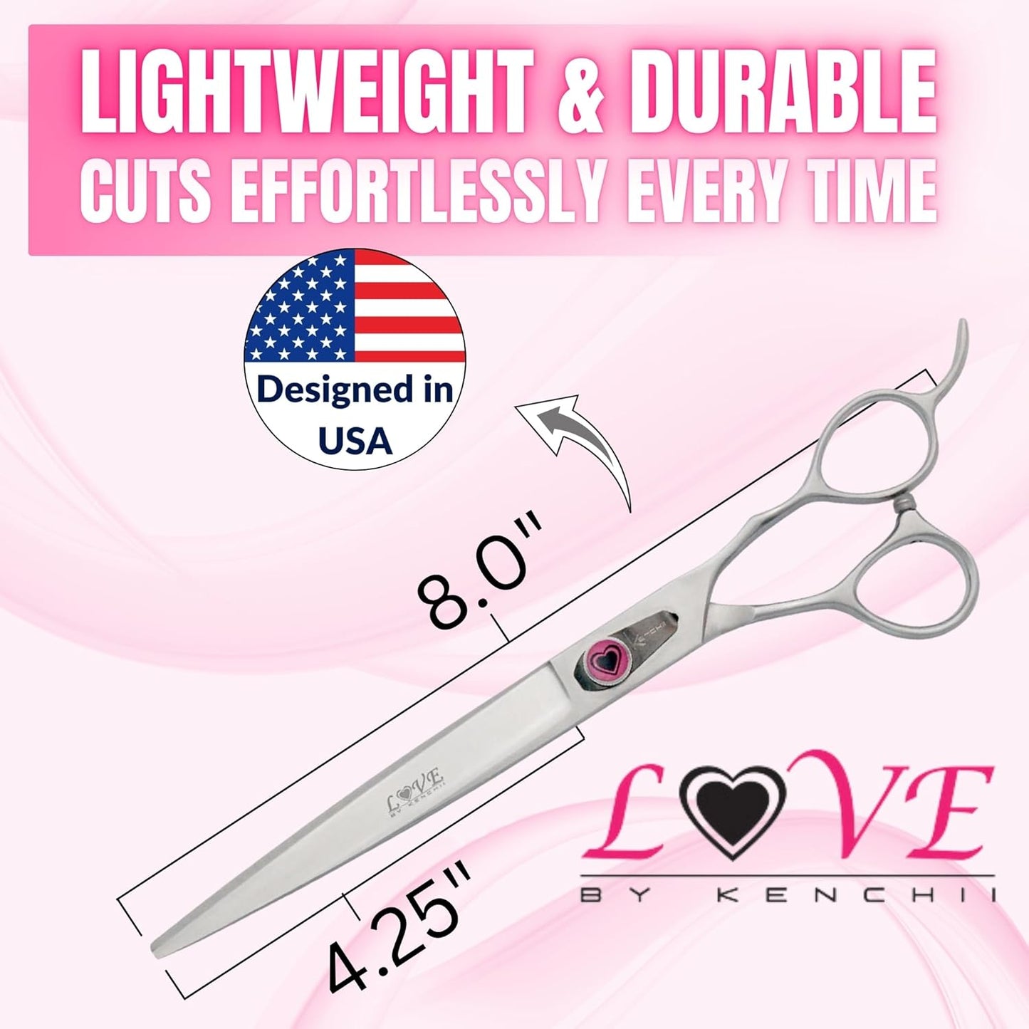 Kenchii Love Dog Grooming Scissors, 8 Inch Straight Shears, Dog Scissors for Grooming, Professional Pet Grooming Scissors, Heavy Duty, Durable and Sharp