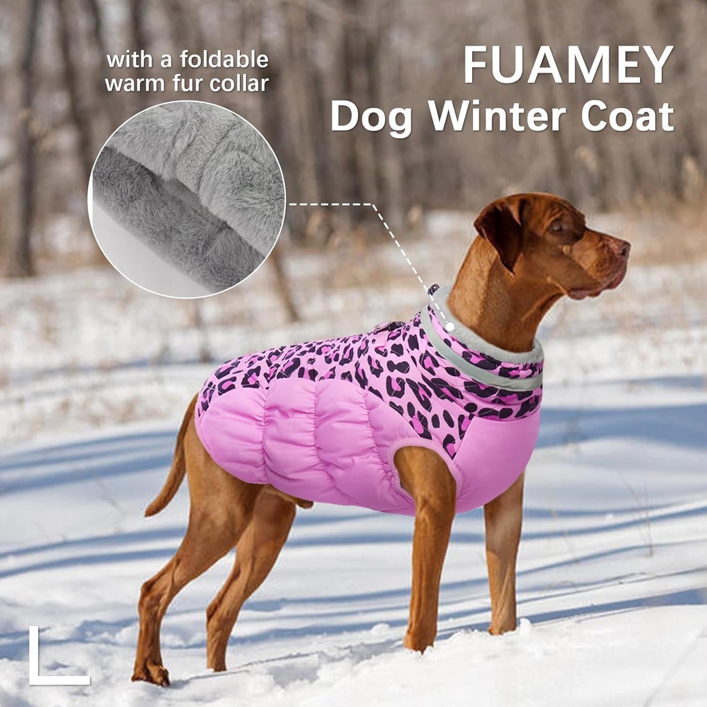 FUAMEY Dog Coat for Large Dogs,Waterproof Dog Winter Jacket with Harness Built in Puppy Cold Weather Coats Reflective Pet Vest with Zipper Warm Fleece Dogs Snowsuit Windproof Pink Leopard XXXL