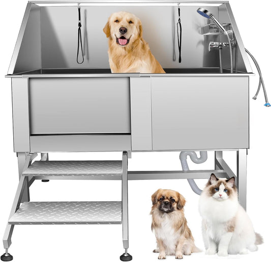 Dog Bathtub XL Professional 62inch Dog Washing Station Stainless Steel Pet Grooming Tub for Extra Large Dogs Wash Tub, Medium, Small Dogs Cats with Left Sliding Doors, Steps, Right Faucets