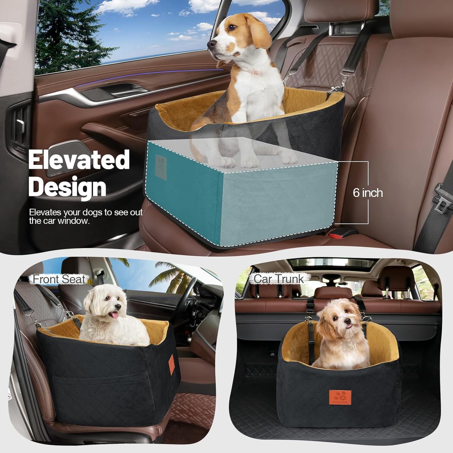 Dog Car Seat for Small Medium Dogs, Memory Foam Booster Car Seat for Dogs up to 35 lbs, Elevated Pet Car Seat, Travel Bed with Washable Removable Cover and Storage Pockets (Black/Coffee)