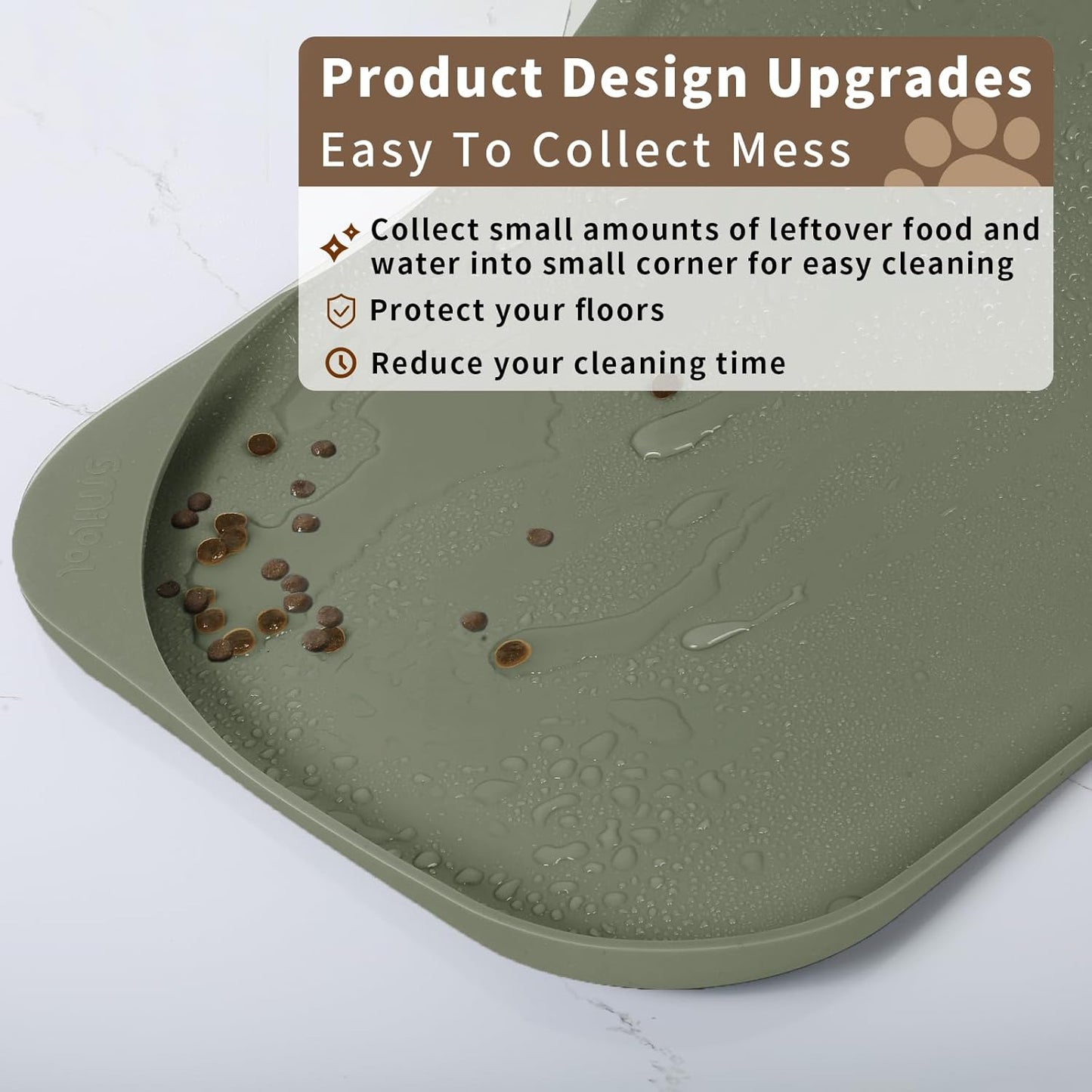 Silicone Pet Feeding Mat with Raised Edge & Residue Collection Pocket for Food and Water, Dog Bowl Mats, Cat Bowls Placemat with High Lip for Floor Waterproof, 24 x 16 x 0.8 Light Olive Green