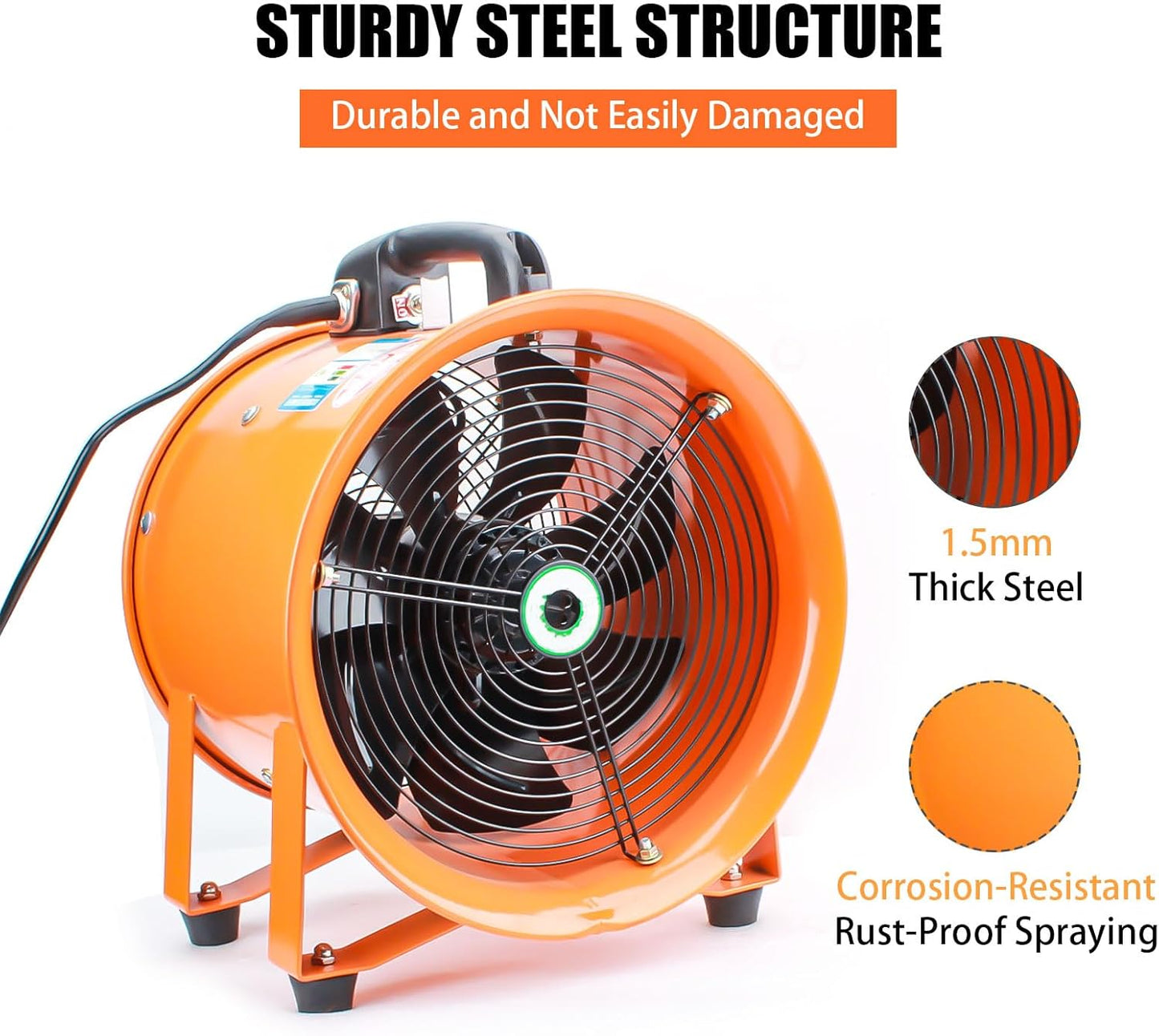 8-Inch High-Velocity Portable Utility Blower Fan, Industrial Exhaust Fan with 16.4ft Flexible Duct Hose, 3150 RPM Low-Noise Ventilator for Basements, Workshops, Warehouses, and Confined Spaces