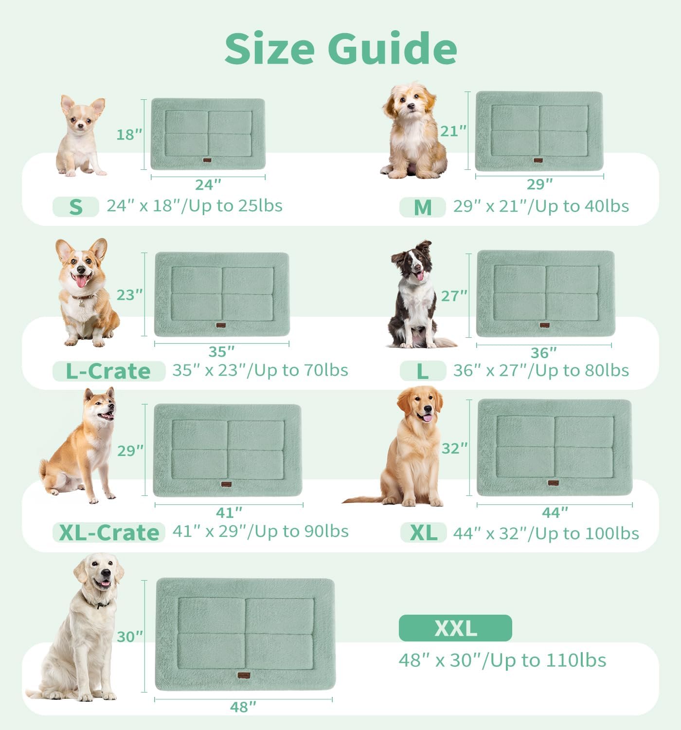 Made4Pets Dog Crate Pad Bed for Large Dogs, Washable & Reversible, Anti-Slip Kennel Mat for Cozy Sleeping, Soft Fluffy Dog Bed for Indoor & Outdoor Use, 44"x32", Green