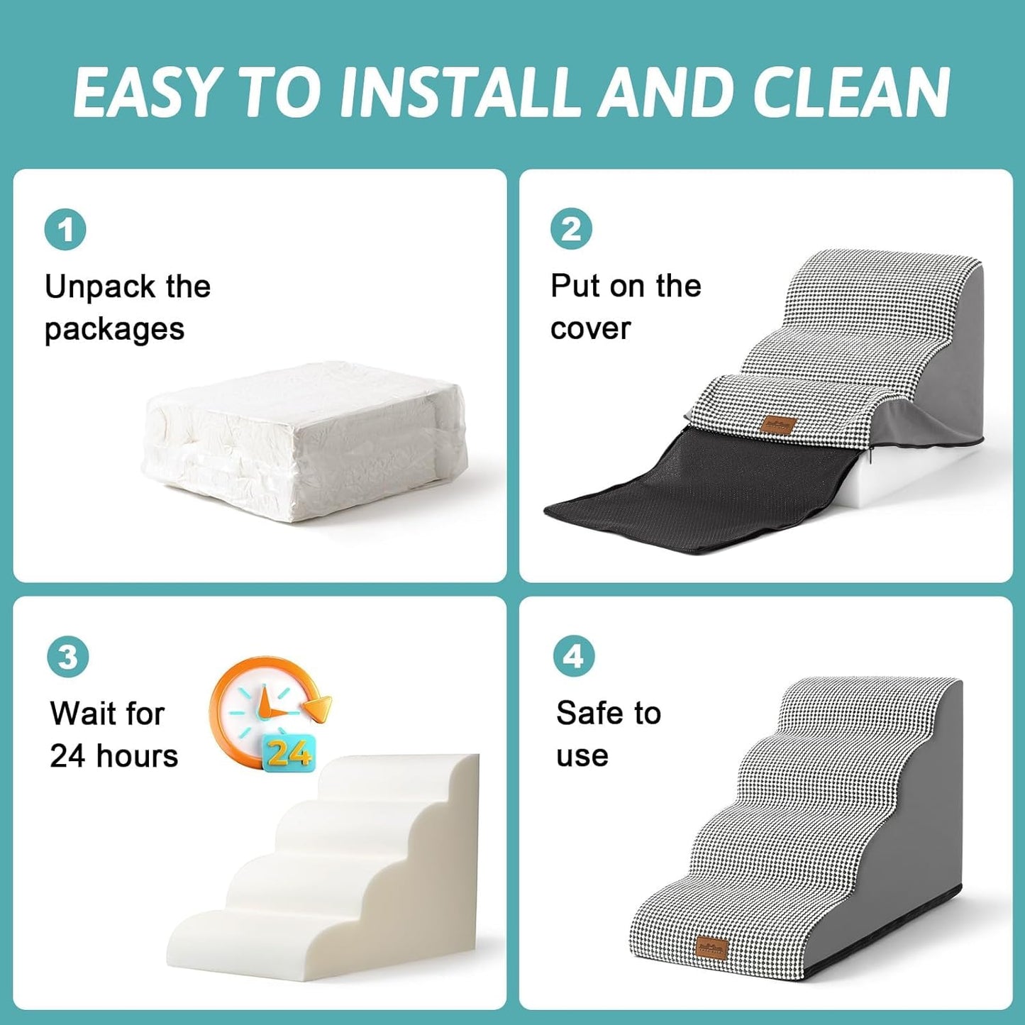 Dog Stairs for Small Dogs 15.7" H, Curved Dog Step for Puppy, Older Cat, Medium Pet Ramp for Sofa, Couch or Chair, Ladder with High Density Foam, 15.7x22.4x15.7 inch, 3 Step, White Black