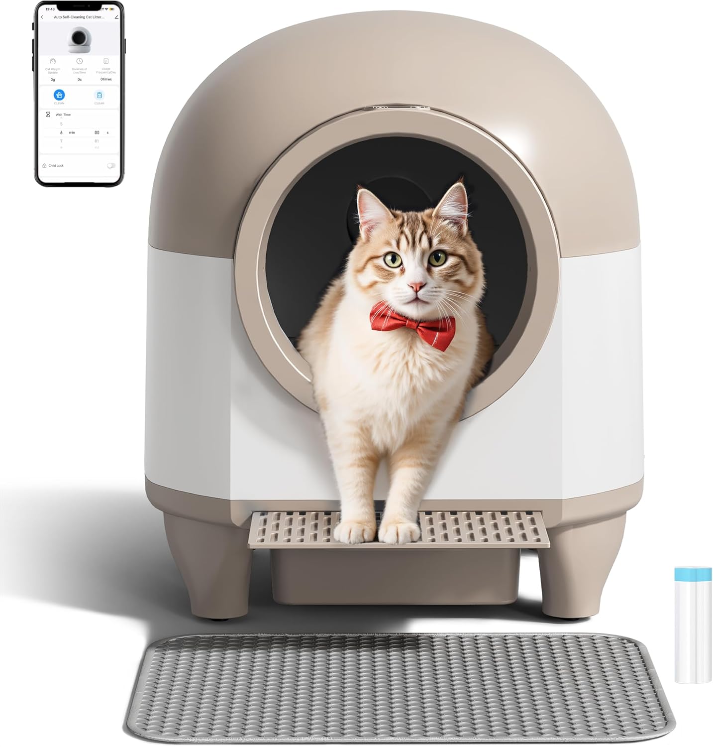 WARCAT Self Cleaning Litter Box Automatic, 90 L Automatic Cat Litter Box for Multiple Cats APP-Controlled with Smart Sensors, Safety Protection,Mat,1 Roll Garbage Bag (Brown)