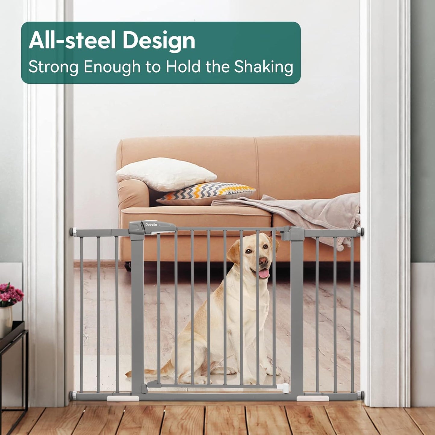 Babelio Metal Baby/Pet Gate, 29-48'' Auto Close Easy Install, Extra Wide Walk Thru for Child Safety, Pressure Mounted Dog Door for Doorways & Stairs, with Y Spindle Rods, Grey