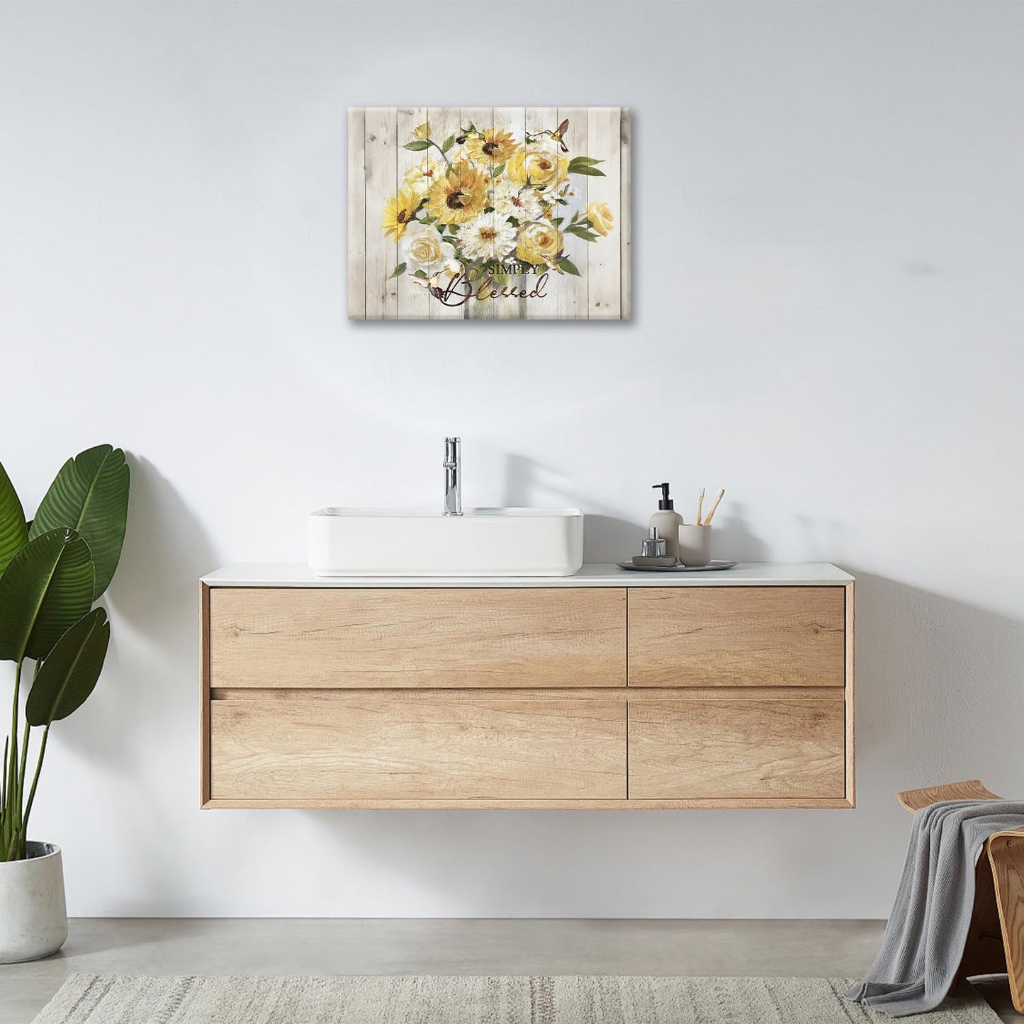 Sunflower Bathroom Pictures Wall Art, Simple Blessed Floral Bathroom Wall Decor, Flower Framed Painting Canvas Artwork for Bedroom Living Room Decorations 16"L x 12"W