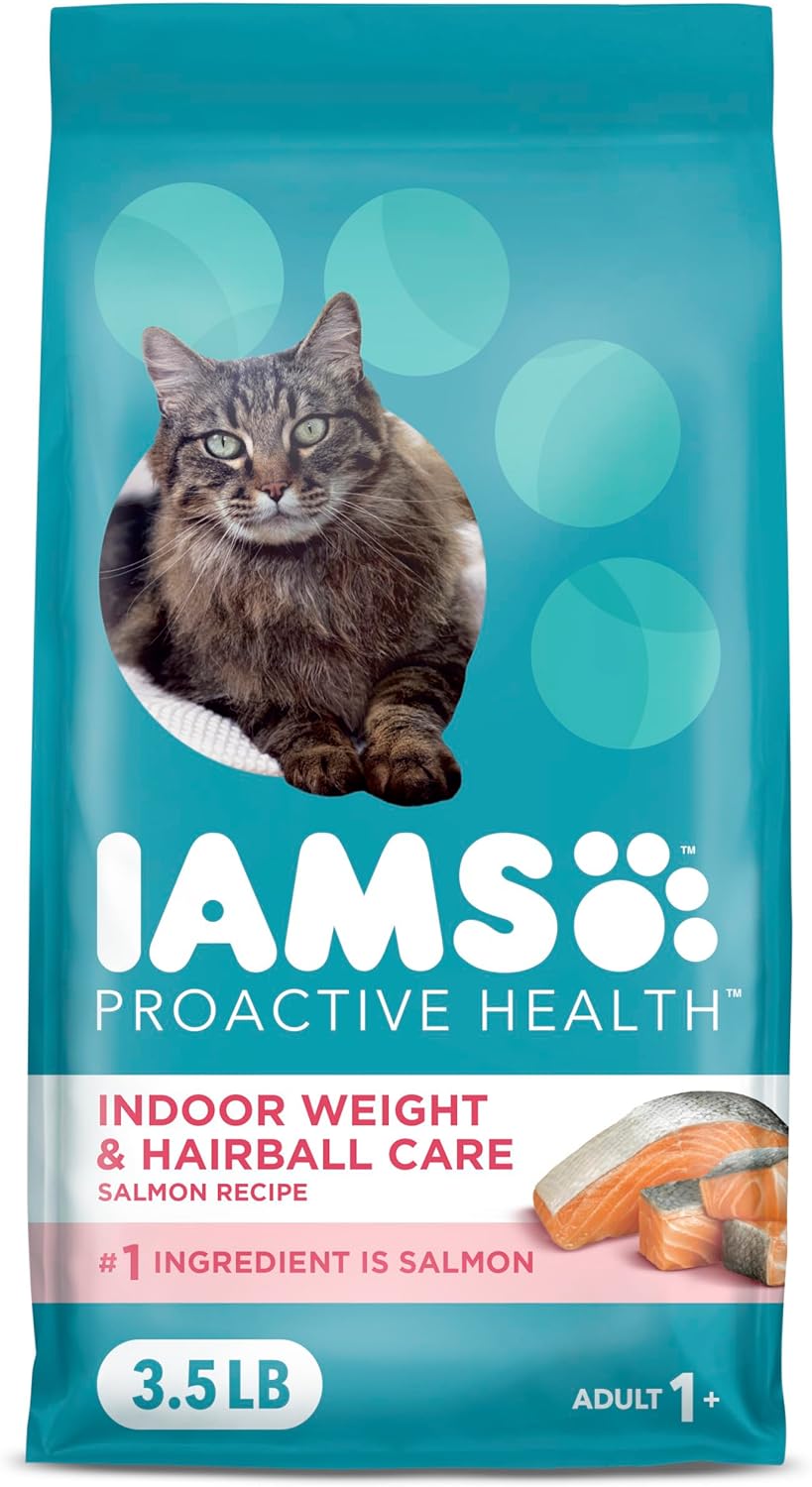 IAMS Proactive Health Indoor Weight Control & Hairball Care Adult Dry Cat Food, Salmon Recipe, 3.5 lb. Bag