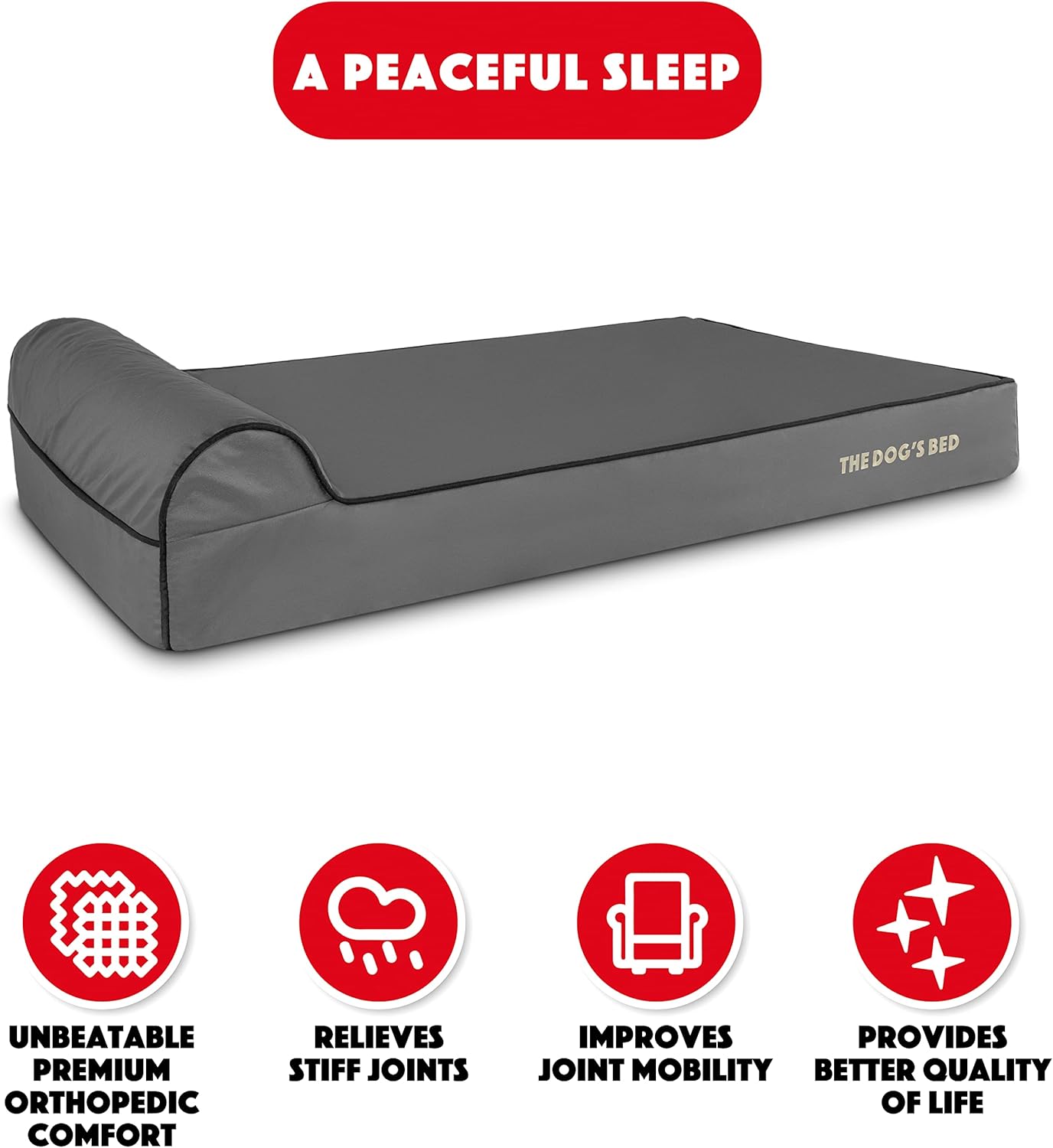 The Dog’s Bed Orthopedic Headrest Dog Bed XL Grey/Black 46x28, Memory Foam, Pain Relief for Arthritis, Hip & Elbow Dysplasia, Post Surgery, Lameness, Veterinary Approved, Waterproof Washable Cover