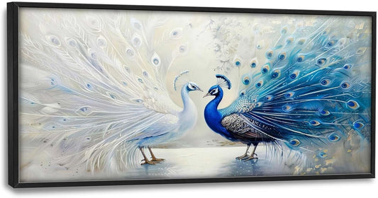 Quorin Peacock Large Wall Art Blue and White Pictures Elegant Animal Wall Decor Canvas Print Painting Artwork for Bathroom Living Room Bedroom 60L x 30W