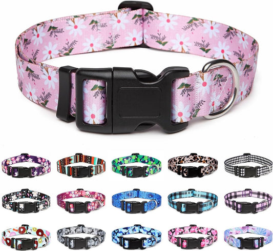 Mercano Adjustable Dog Collar - Special Design Patterns, Soft Nylon Comfortable Durable Pet Collar for Small Medium Large Dogs (M, Pink White Flower)
