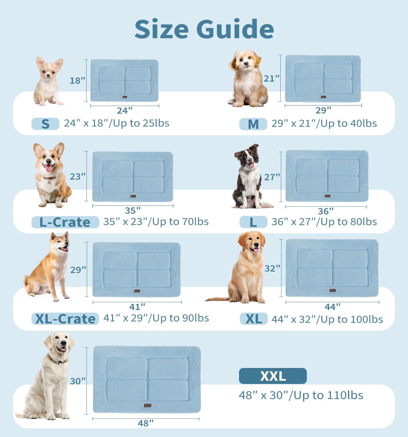 Made4Pets Dog Crate Pad Bed for Medium Large Dogs, Washable & Reversible, Anti-Slip Kennel Mat for Cozy Sleeping, Soft Fluffy Dog Bed for Indoor & Outdoor Use, 35"x23", Blue