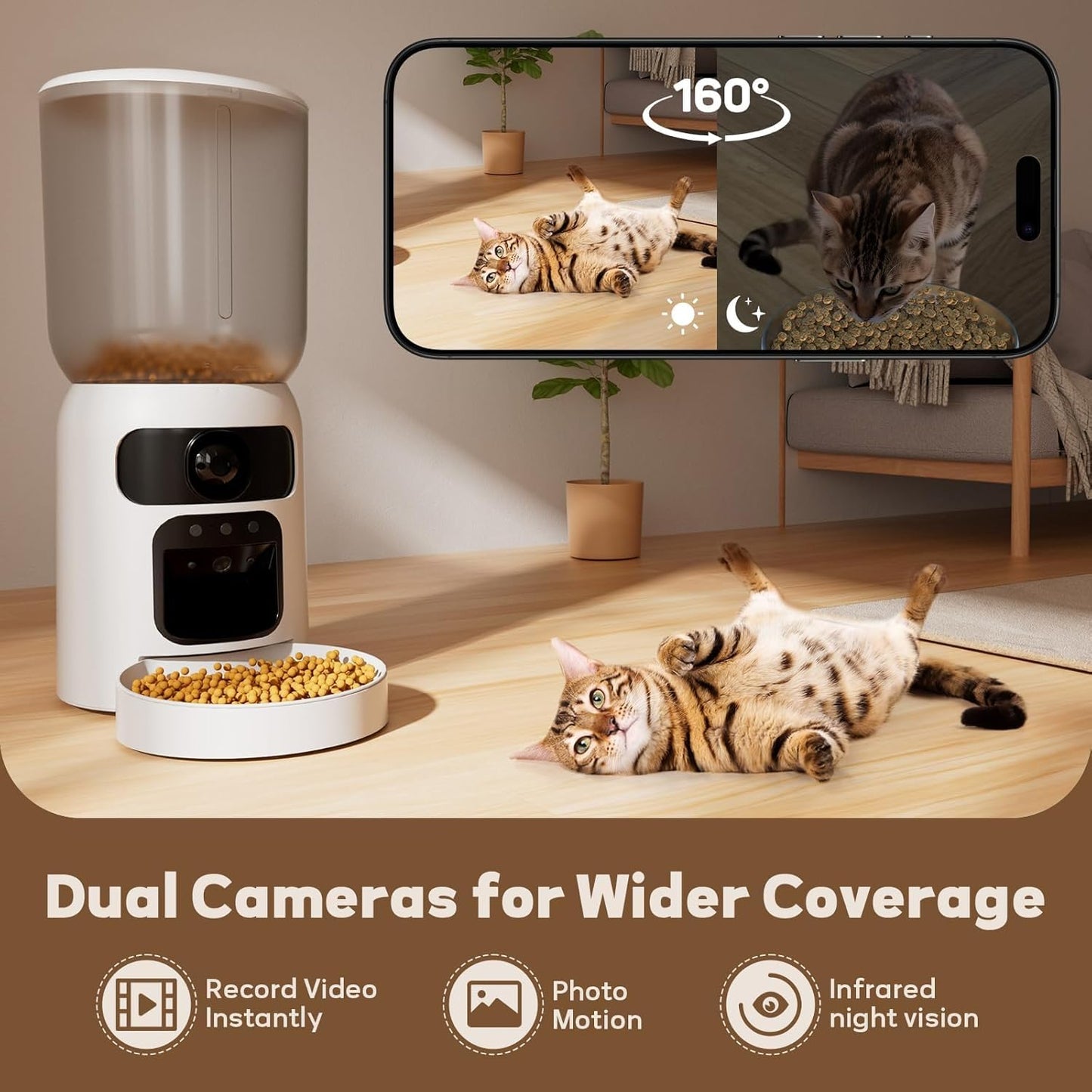 Dual Lens Pet Feeder with Camera, 1080P Video, AI Pet Detection, Night Vision, 2.4/5G WiFi, Interactive Features, App Control, 2-Way Audio, Auto Feeding & Freshness Preservation, 6L