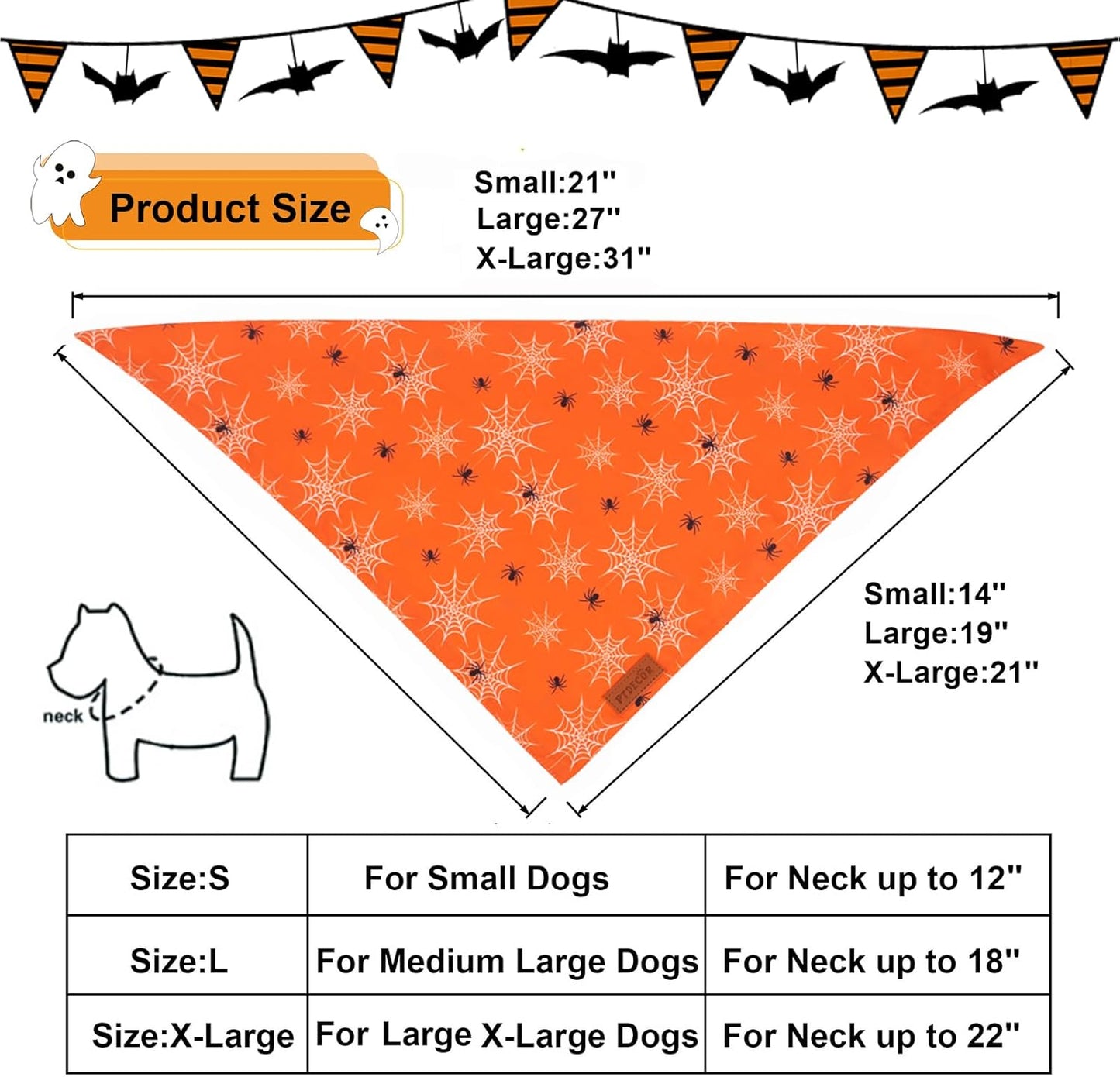 PTDECOR Halloween Dog Bandana, Reversible Holiday Pet Puppy Scarf, Multi Size, Triangle Halloween Bandanas for Medium Large Dogs Pets (Orange, Large)