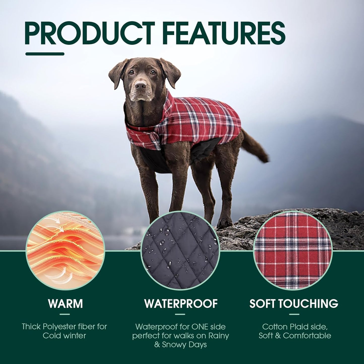 Kuoser Waterproof Dog Coat, Reversible Dog Jacket for Medium Dogs, Adjustable Durable Doggie Winter Coat Warm Puppy Cold Weather Apparel from Small to Large Breed, Red M