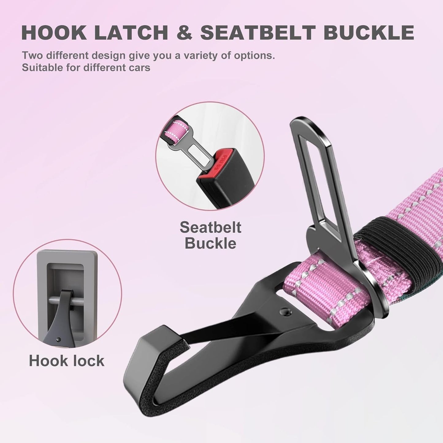 IOKHEIRA Dog Seat Belt 3-in-1 Car Harness for Dogs Adjustable Safety Seatbelt for Car Nylon Reflective Bungee Fabric Dog Car Harness with Clip Hook Latch & Buckle, Swivel Zinc Alloy Carabiner (Pink)