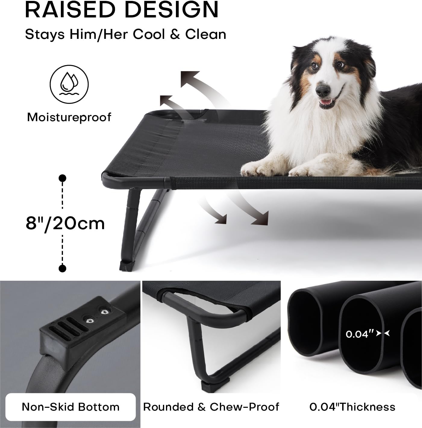 Made4Pets Outdoor Elevated Dog Bed for Large Dogs - Cooling Raised Pet Cot with Skid-Resistant Feet, Tool-Free Setup, Chew-Resistant Frame, Washable Mesh Hammock, Indoor & Outdoor Use, 42"x28", Black