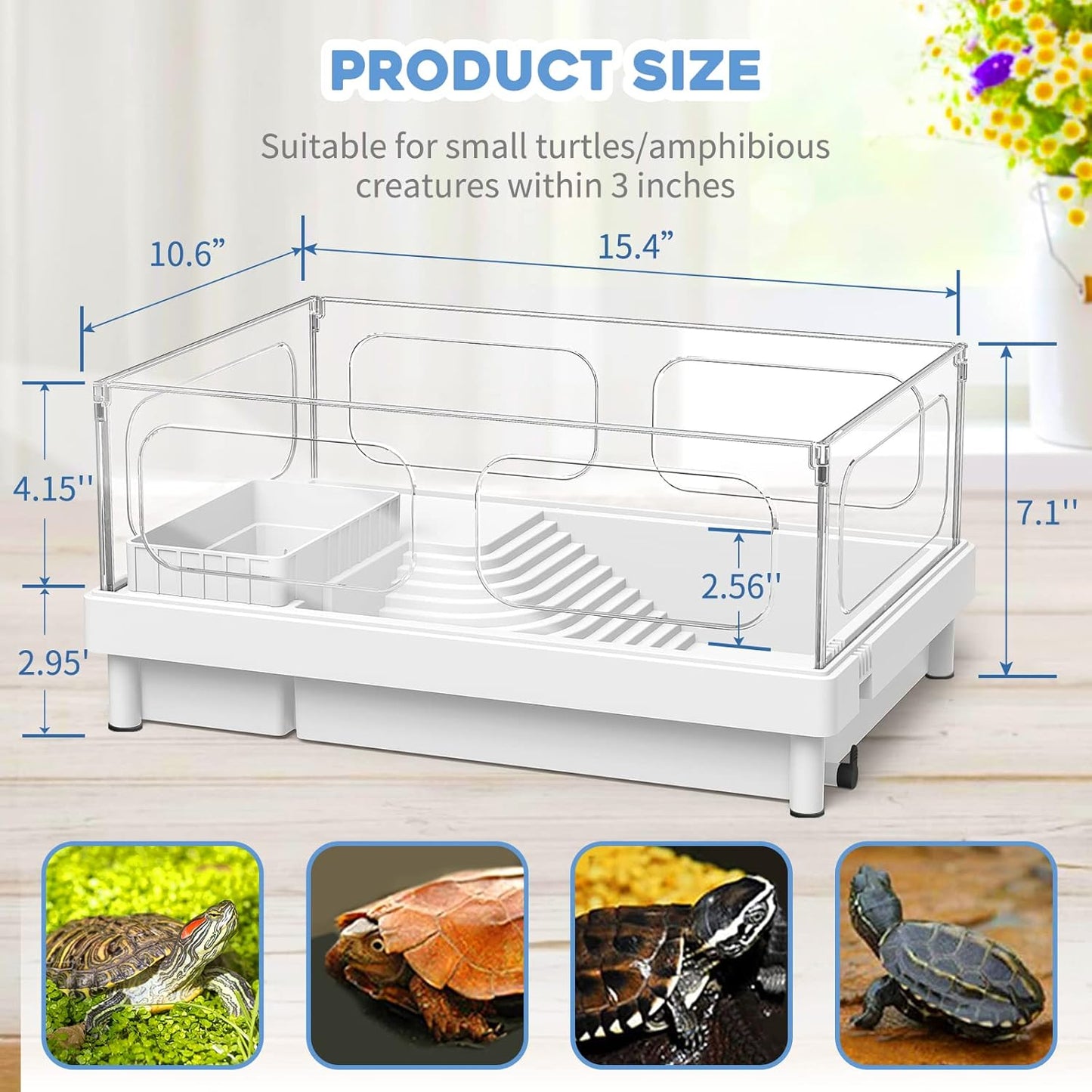 Small Turtle Tank with Filter, Turtle Aquarium, Acrylic Turtle Terrarium with Basking Platform, Bottom Drainage, Multi-Function Areas for Turtles, Crayfish, Small Reptiles.(Tank+Filter)