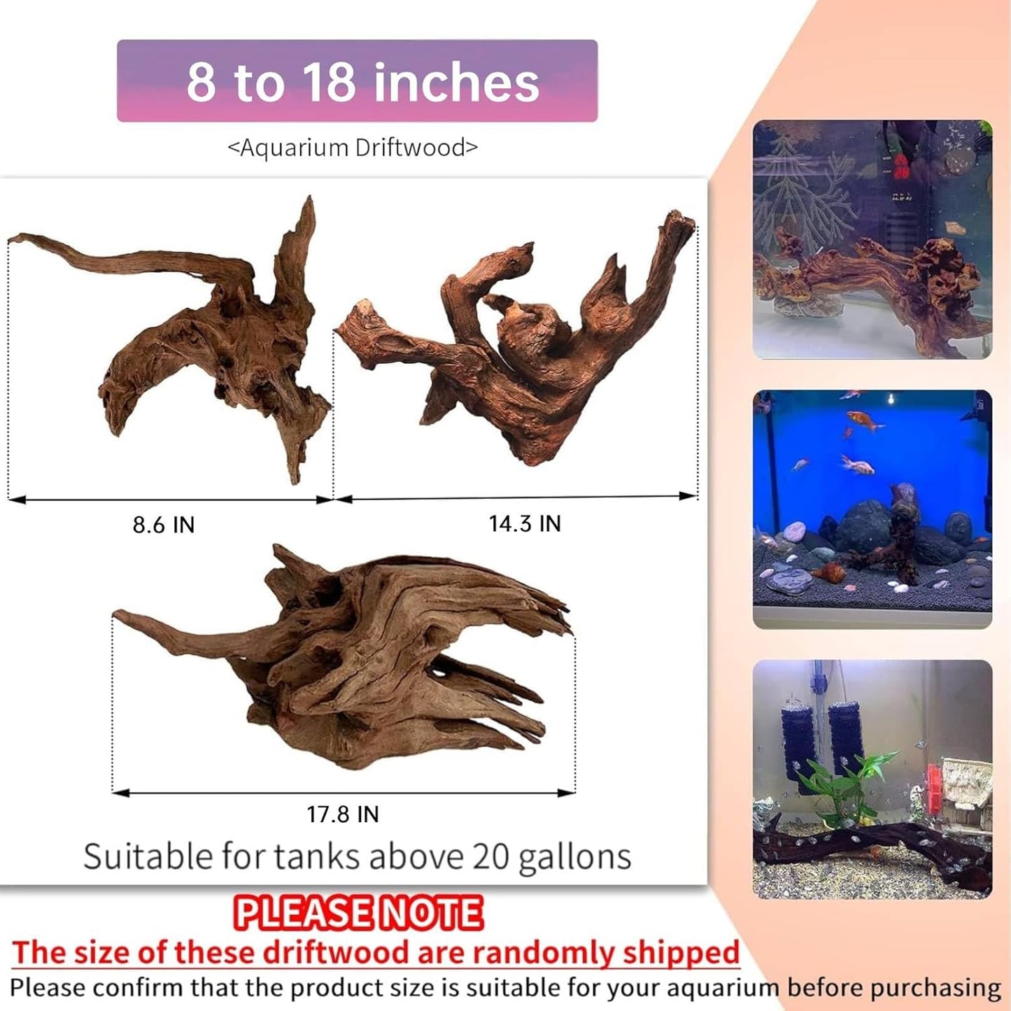 Hamiledyi 2 Pcs Large Driftwood for Aquarium 8-18 Inch Driftwood Branches Reptiles Aquarium Decoration Assorted Size Natural Habitat Decor Wood for Lizad