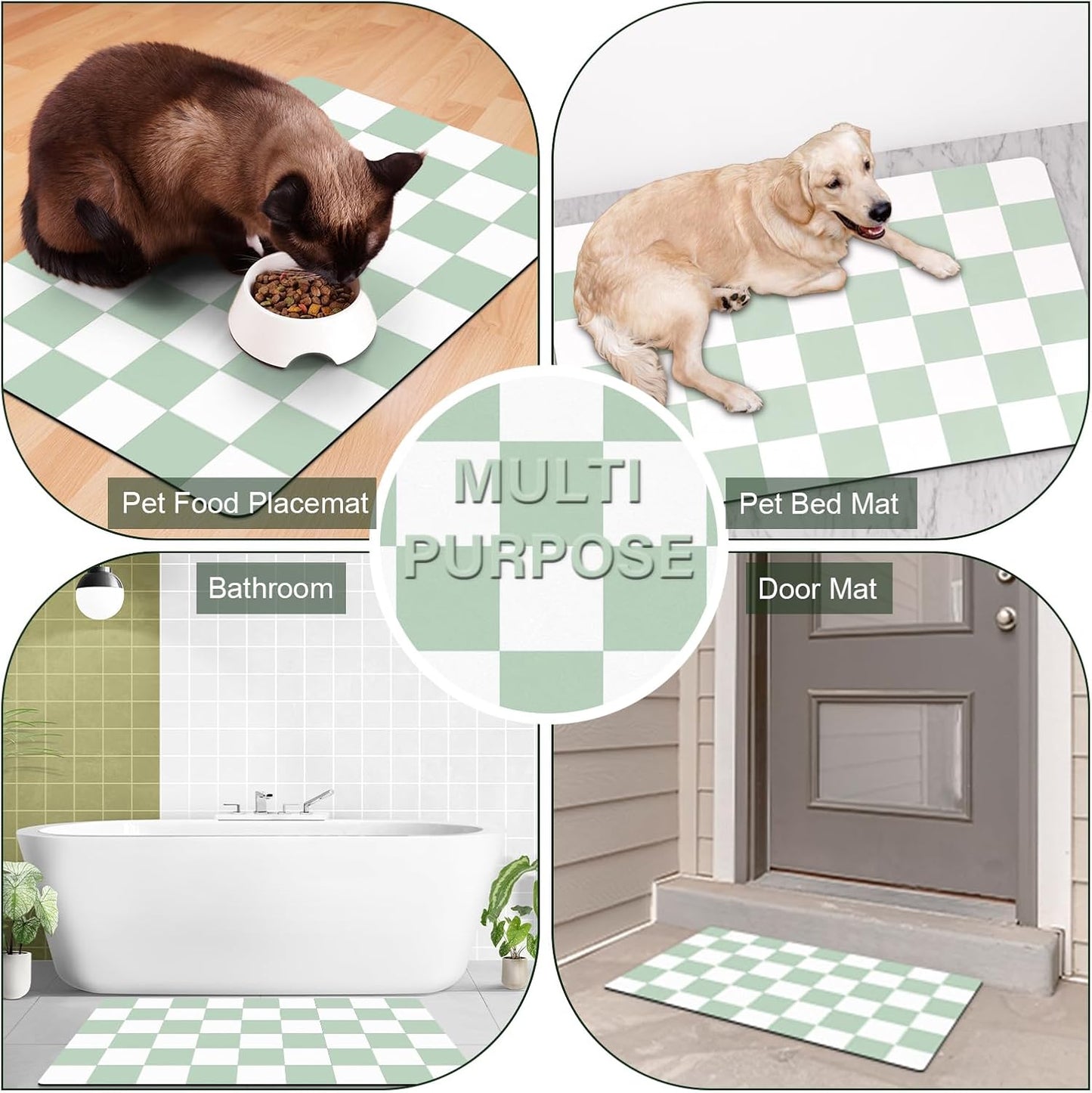 Pet Feeding Mat, 16"x 24" Absorbent Dog Food Mat, Checkered Cat Bowl Mats, Easy to Clean Pet Placemats, Quick Dry Dog Water Dispenser Mats for Messy Drinkers, Green & White
