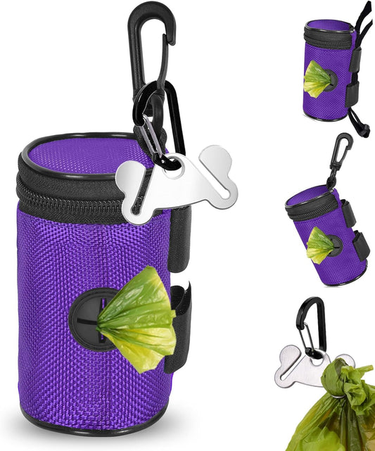 Dog Poop Bag Holder for Leash Attachment - Waste Bag Dispenser for Leash - Fits Any Dog Leash - Portable Set with Hand Free Holder Metal Carrier, Round Shape, Purple