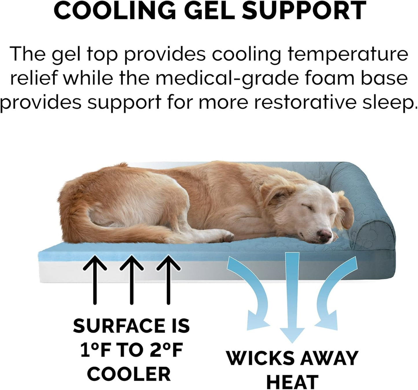 Furhaven Cooling Gel Dog Bed for Large Dogs w/ Removable Bolsters & Washable Cover, For Dogs Up to 95 lbs - Pinsonic Quilted Paw L Shaped Chaise - Bluestone, Jumbo/XL