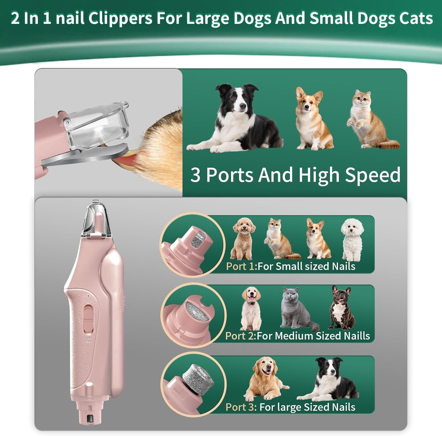 Dog Nail Clippers & Cat Nail Clipper with Catcher, 2 in 1 Dog Nail Trimmers & Grinder with Light for Large Small Dogs Cats,Silent Groom Pro Claw Trimmer, Rechargeable Dogs Nails Grinder Quiet