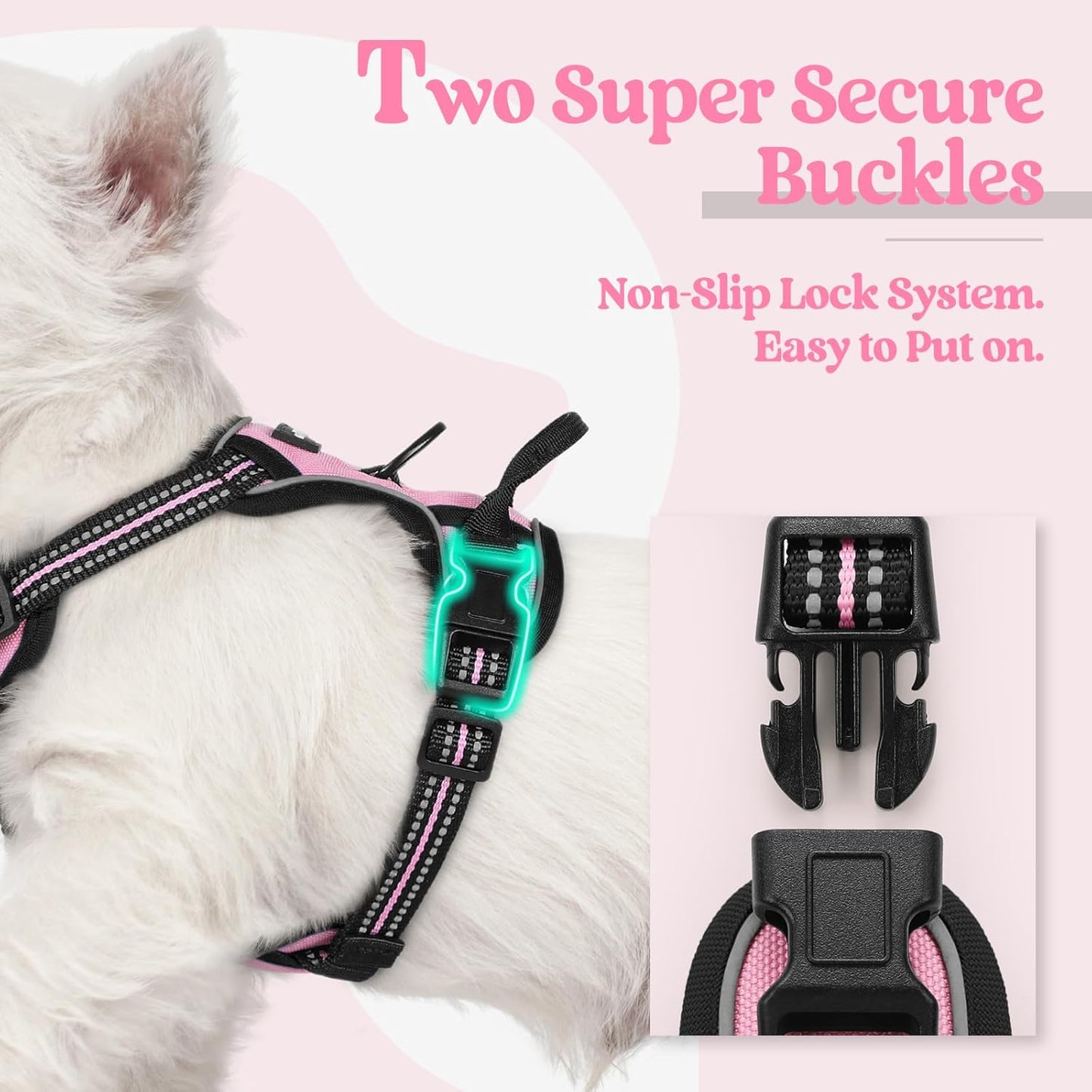 rabbitgoo Dog Harness No Pull with 2 Leash Clips, Adjustable Soft Padded, Reflective Oxford No Choke Pet Vest with Easy Control Handle for Puppy, Pink, XS