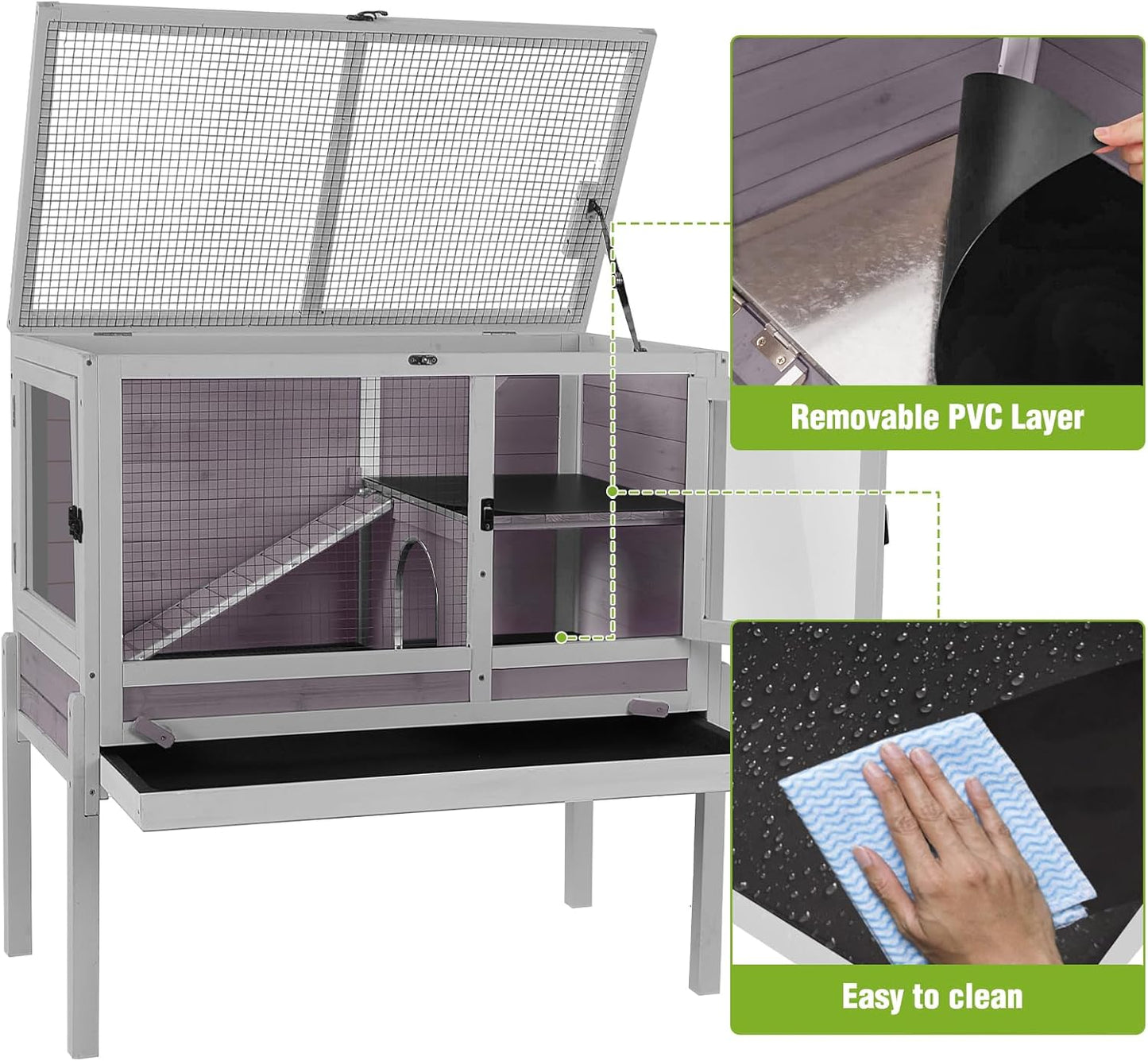 GUTINNEEN Rabbit Hutch Guinea Pig Cages Indoor with Stand Wooden Small Animals Cage Hutch Hamster Cage with Hideout,Pull Out Tray, Anti Chew Ramp (Grey)