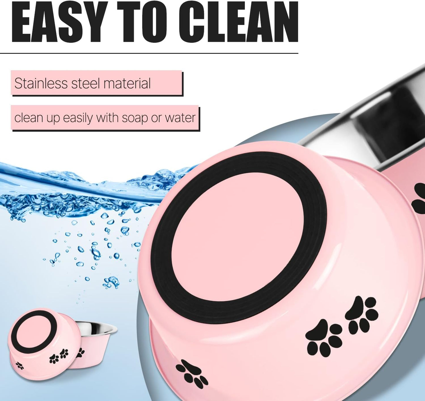 Stainless Steel Dog Bowls, Nonslip Rubber Bottom No Spill Proof Skid Metal Insulated Dog Bowls for Large Medium Small Breed Dogs (Pink, 8.5 Cups/71 OZ)