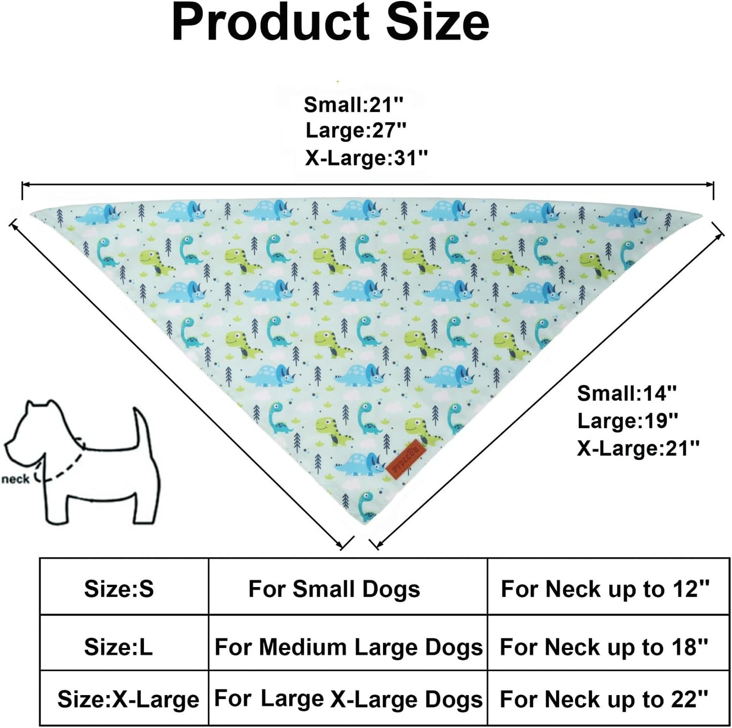 PTDECOR Dinosaurs Dog Bandana, Dinosaurs Design Reversible Pet Scarf Bib, Premium Durable Fabric, Adjustable White Green Bandanas for Medium Large Dogs Pets (Large)