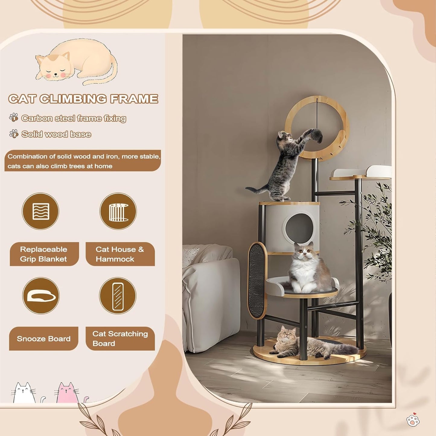 Cat Tree, 66In Cat Tower with Scratching Post, Tall Multi-Level Cat Houses for Indoor Cats Large Adult, Cute Cat Post Cat Condos with Dangling Ball,Plush Platform, Hammock, Big Cats Climbing Tower