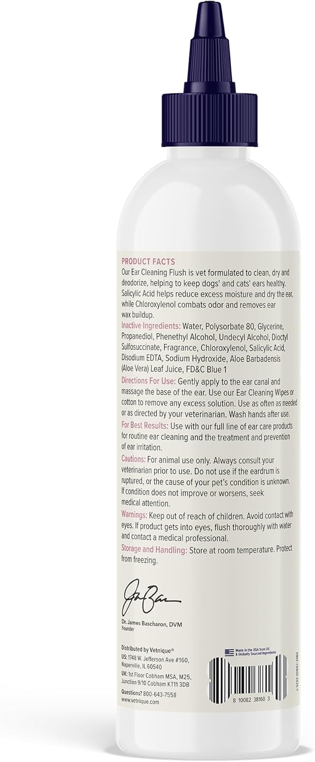 Vetnique Oticbliss Cat & Dog Ear Cleaners: Medicated Dog Ear Drops for Infection, Antiseptic Flush, & Wipes to Reduce Itchy Ears & Head Shaking - Vet Recommended for Itchy Ears (8oz, Flush)