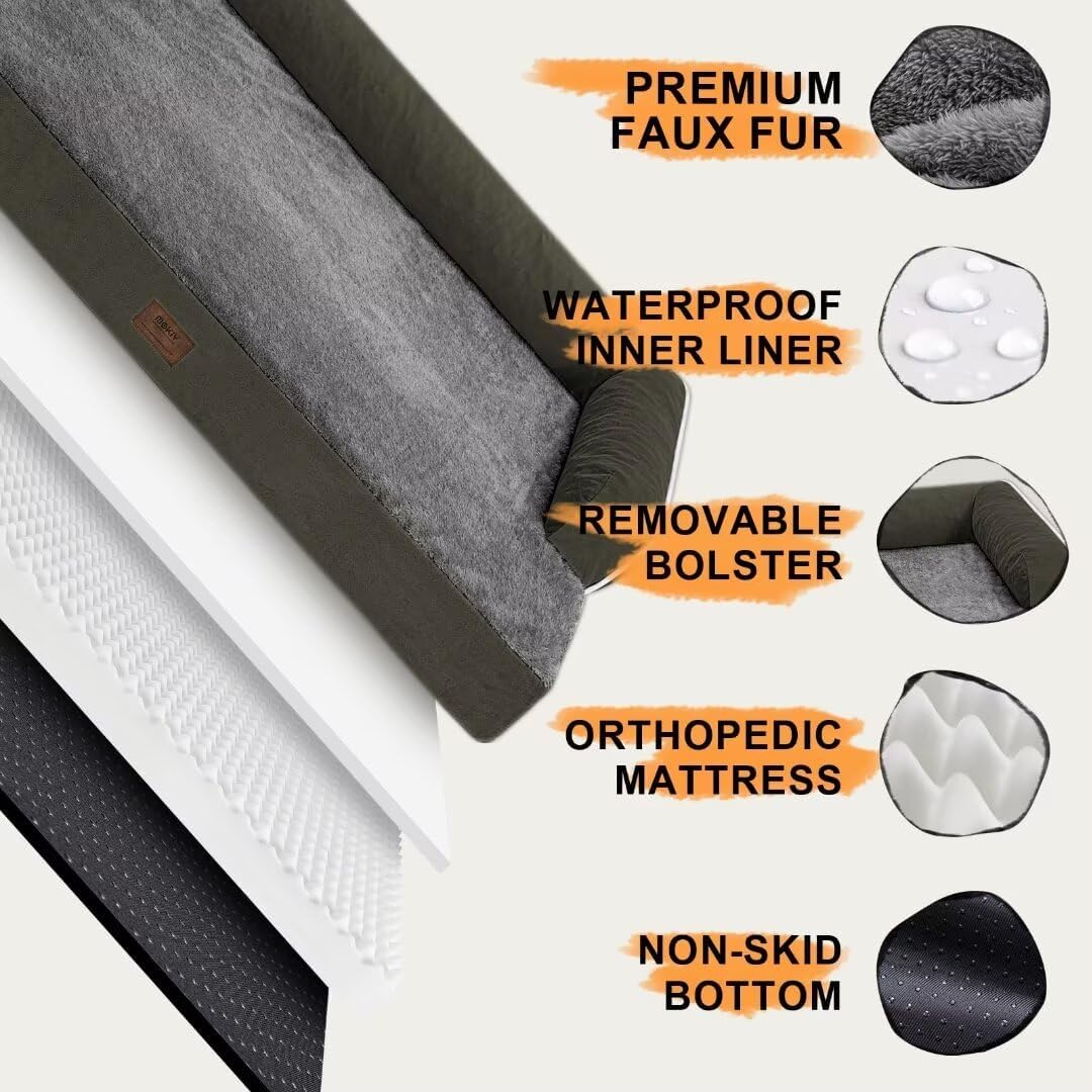 Large Dog Bed Orthopedic Washable - Removable Waterproof Cover Bed Pet - Large Big Dogs - Memory Foam - Couch Sofa with Removable Bolster - Dark Green Dog Bed